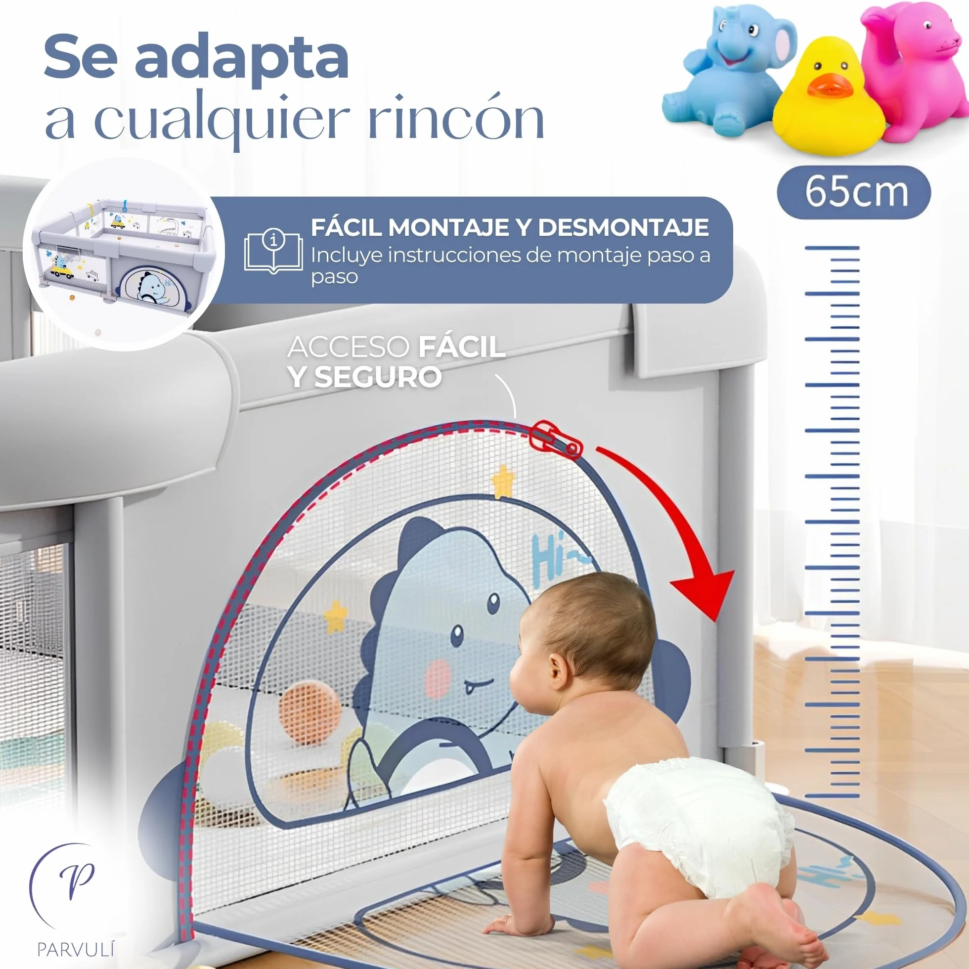 PARVULI Parque Infantil Bebe 120x120cm con Alfombra Acolchada, 6 Agarraderas, Canasta, Bolsa — Corralito Bebe Casa Malla Transpirable