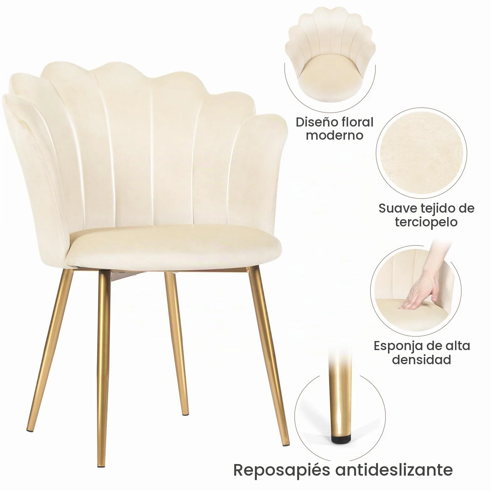 Silla de tocador, butaca de terciopelo con patas de metal dorado, elegante silla de concha, silla acolchada para salón, butaca de salón cómoda, con reposabrazos de diseño