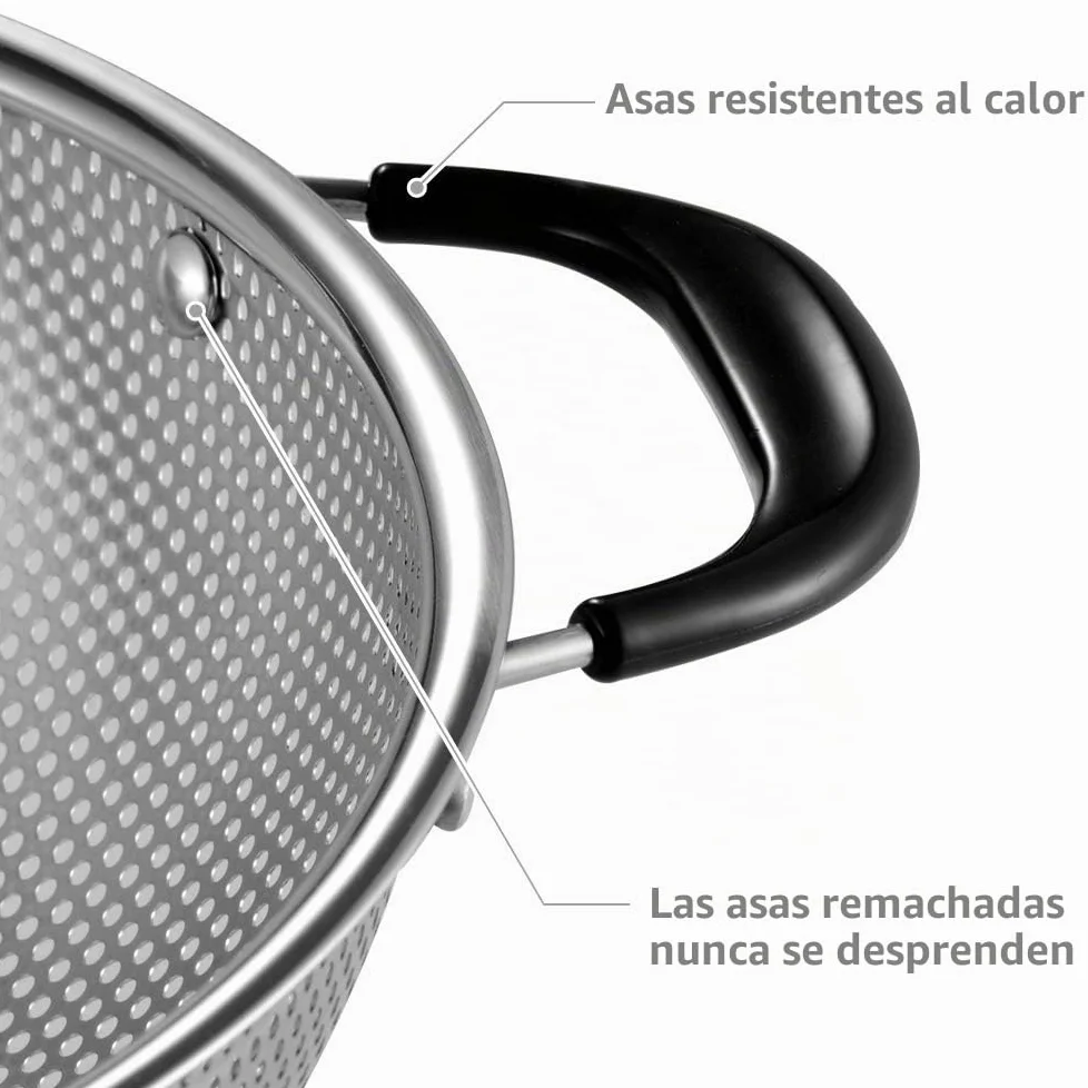 Colador de acero inoxidable 18/8, colador microperforado de fácil agarre de 5 cuartos de galón, colador con asas remachadas y resistentes al calor, sin BPA, aprobado por LFGB. Ideal para pasta, fideos