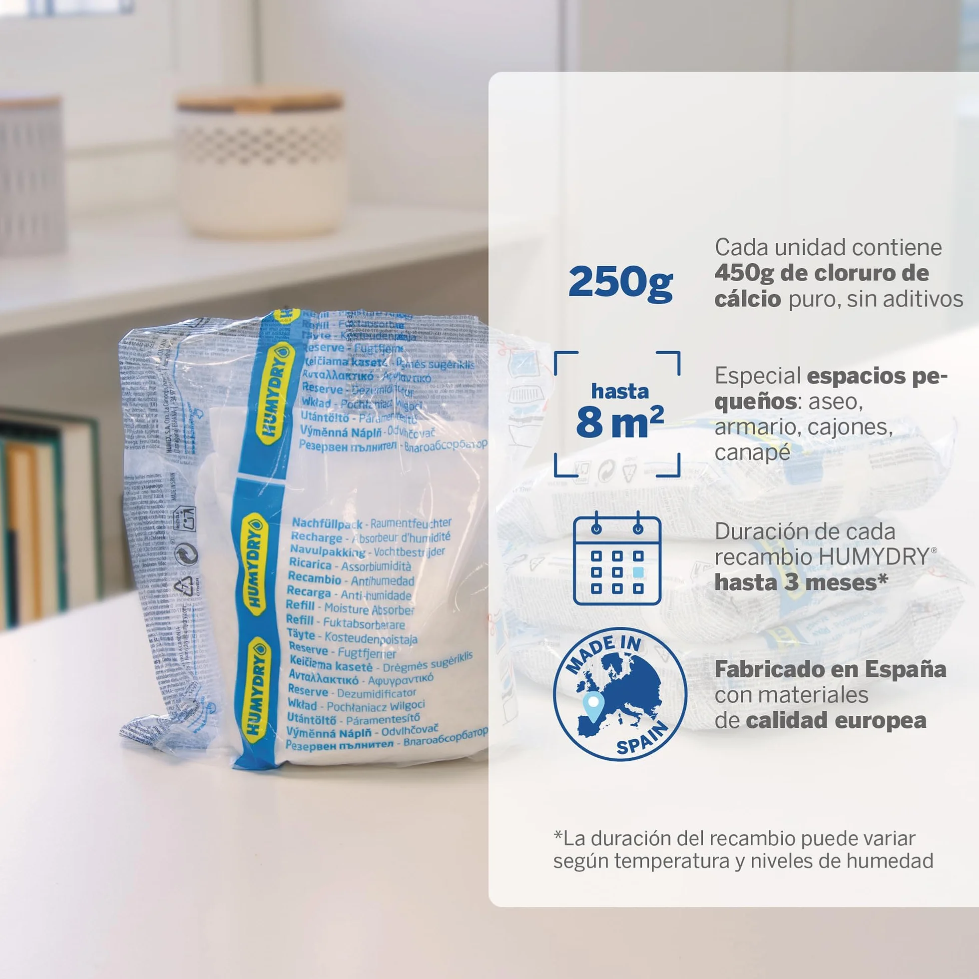 HUMYDRY - Lote 6 Recambios Antihumedad 250 g - Controla Humedad y Olores - Compatible con Deshumidificadores Humydry 250 g - Espacios Pequeños: Armarios, Baños y Habitaciones