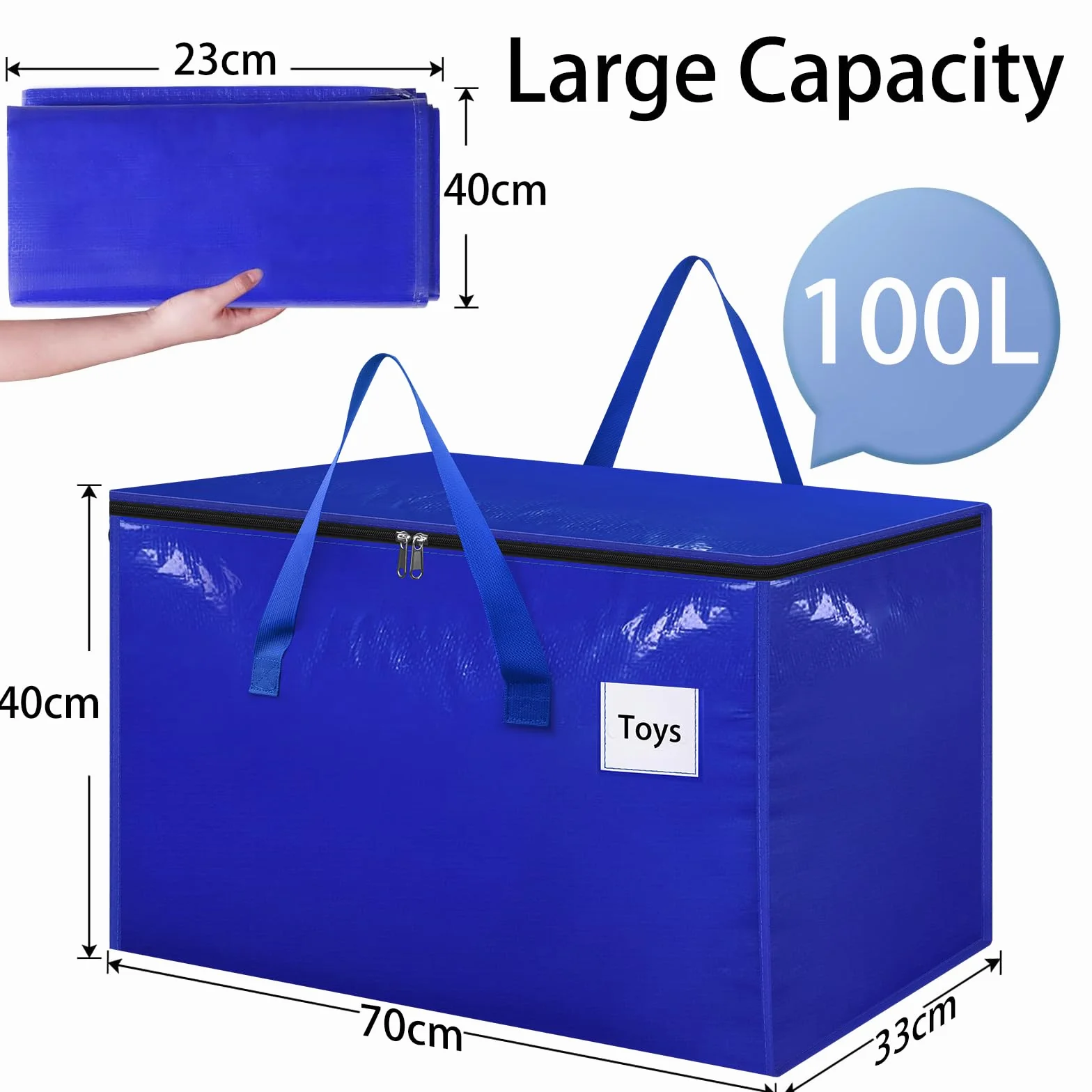 Withosent 100L Grande Bolsa de Almacenamiento, 10 Piezas Impermeable Bolsas de Mudanza con Cremallera y Asa, Bolsas para Guardar Ropa Edredones, Alternativa a las Cajas de Mudanza, Azul