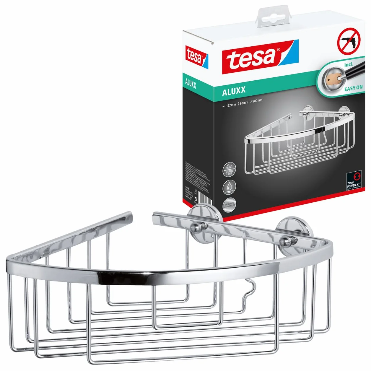 tesa Aluxx Cesta esquinera de baño, de aluminio cromado brillante, autoadhesivo, tecnología de montaje adhesiva, 92 x 192 x 200 mm