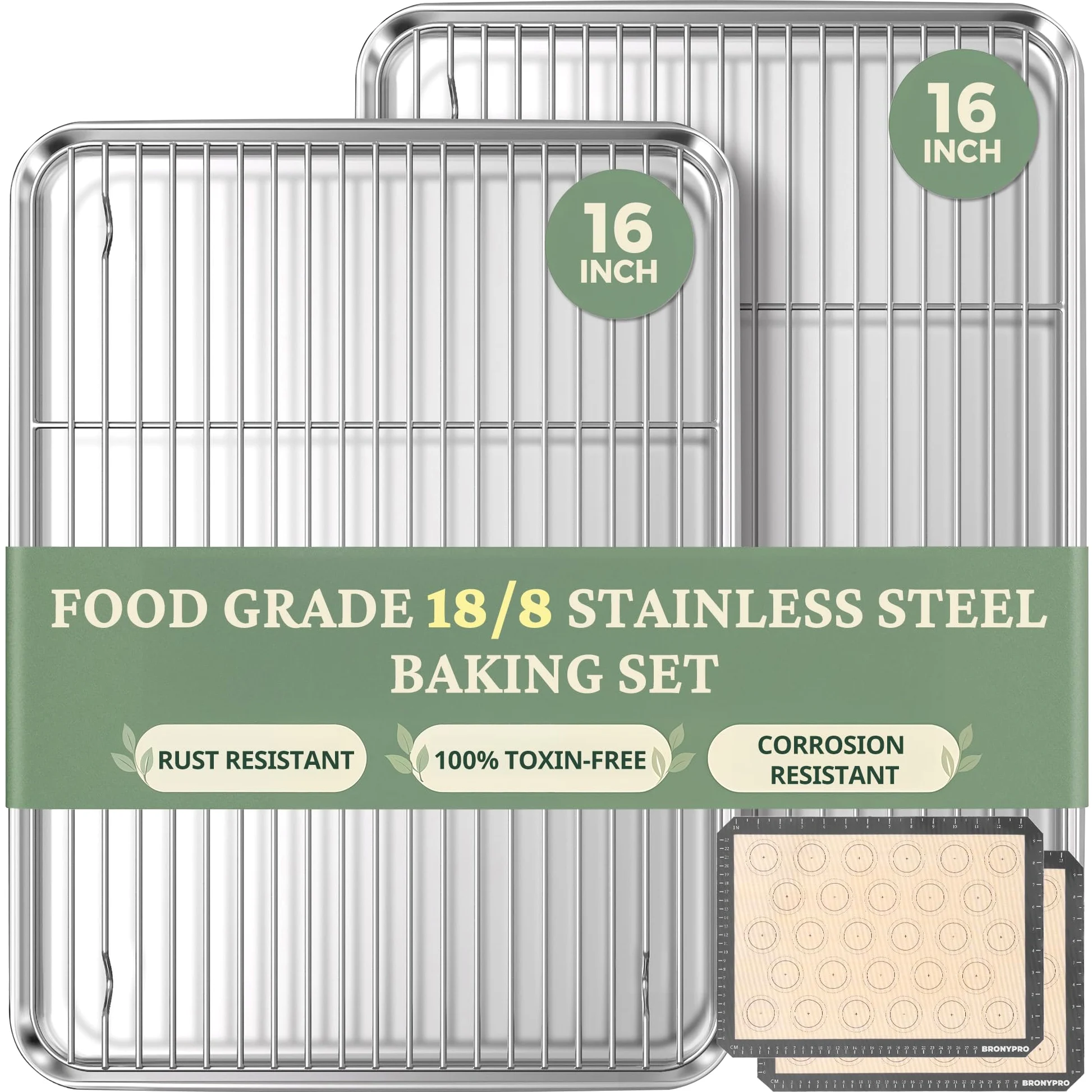 BRONYPRO Juego de bandejas para hornear de acero inoxidable 18/8 (2 | Hojas de galletas sin revestimiento con estante de alambre y alfombrillas de silicona macaron, no tóxicas (libre de PFA y