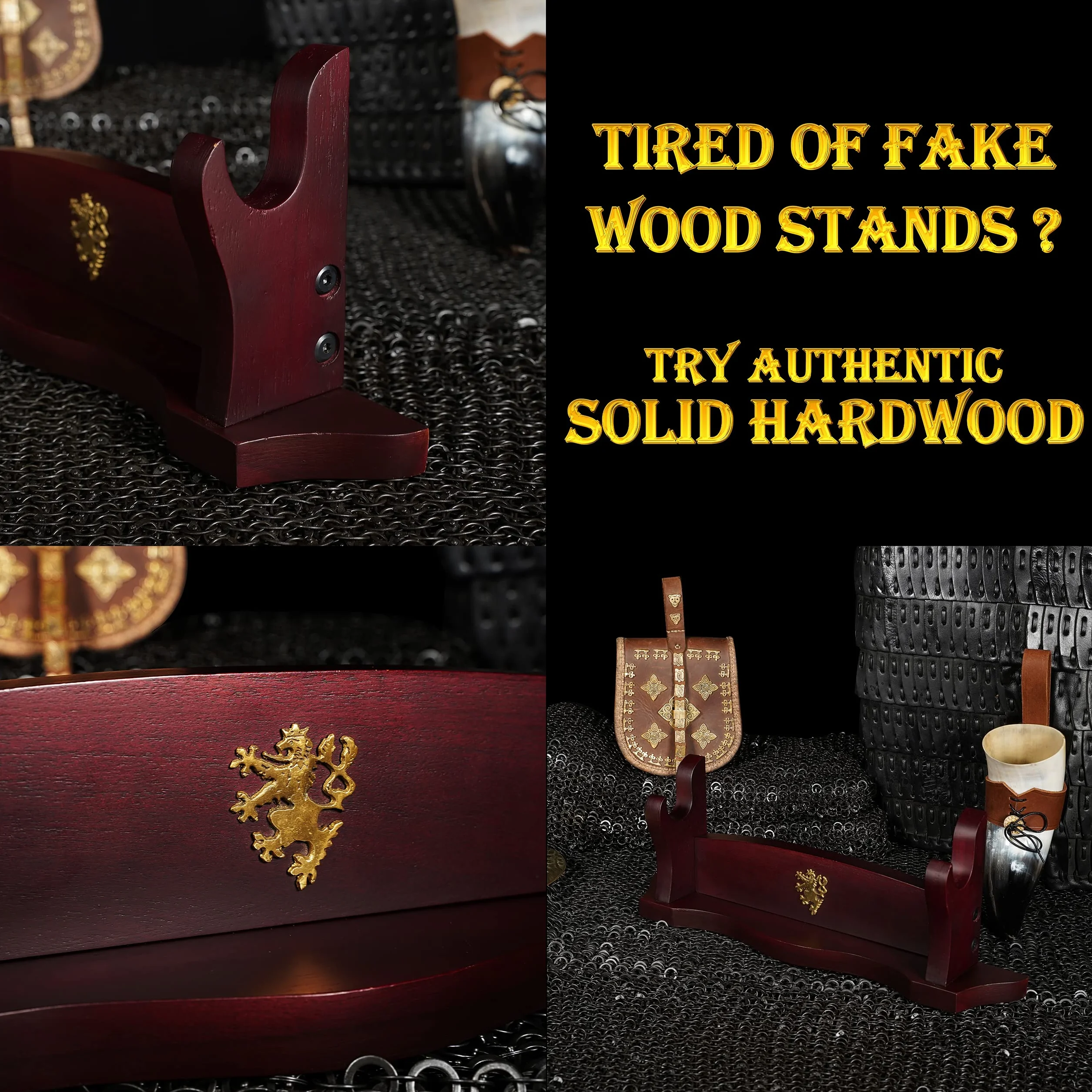 Mythrojan Medieval Sword Stand Solid Wood Horizontal Display Rack for Katana Samurai Dark Brown