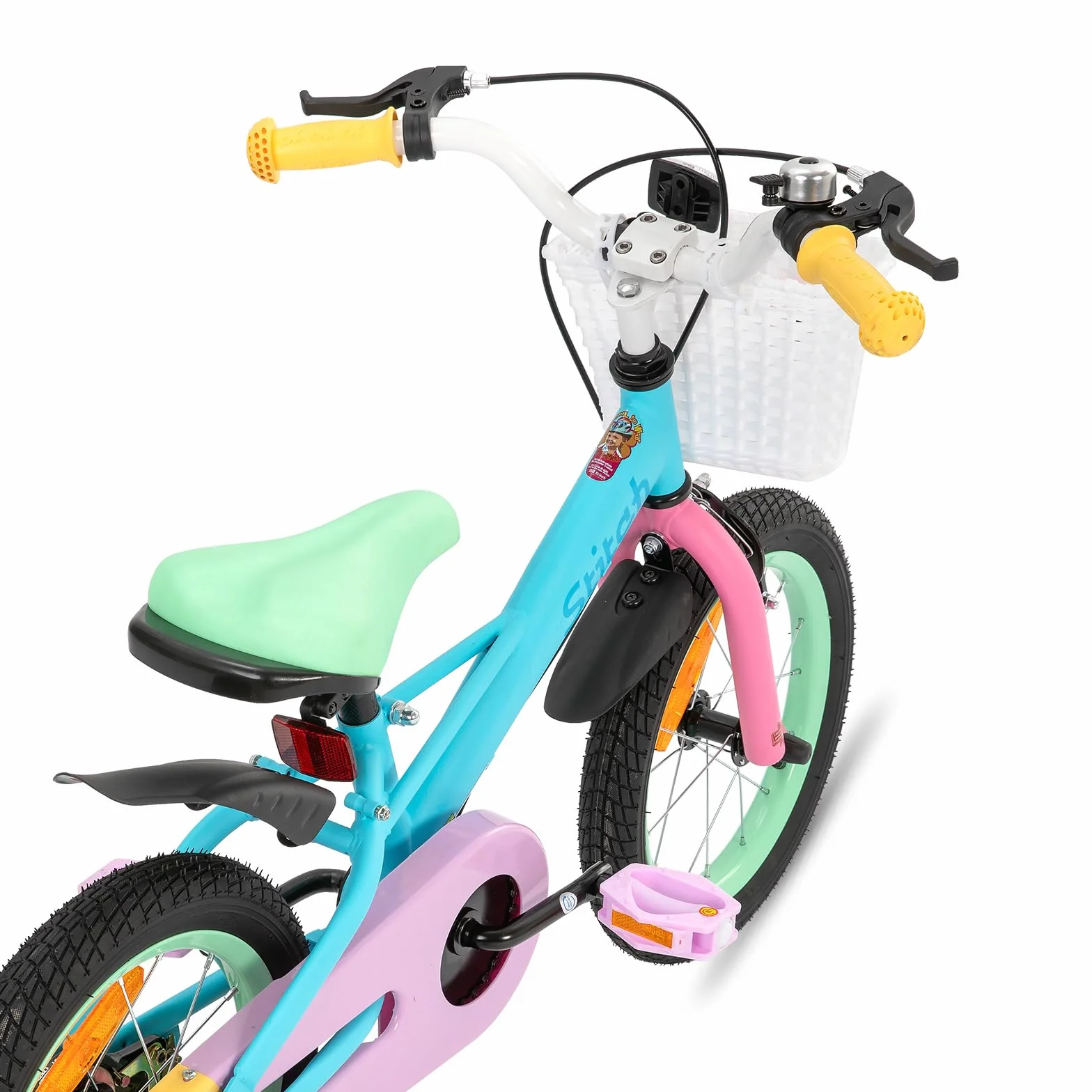 Bicicleta para niño 12-18 pulgadas con estabilizador y cesta STITCH Macaron