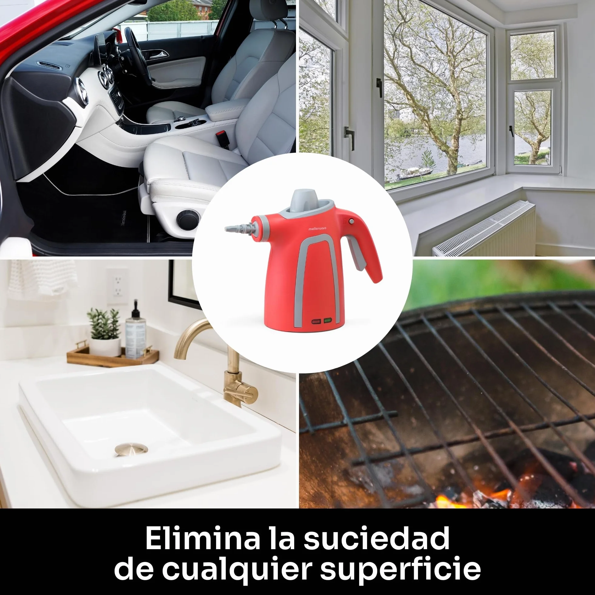 Mellerware Limpiador a Vapor de Mano Fush! 1050W Vaporeta de Limpieza Hogar 380mL 9 Accesorios