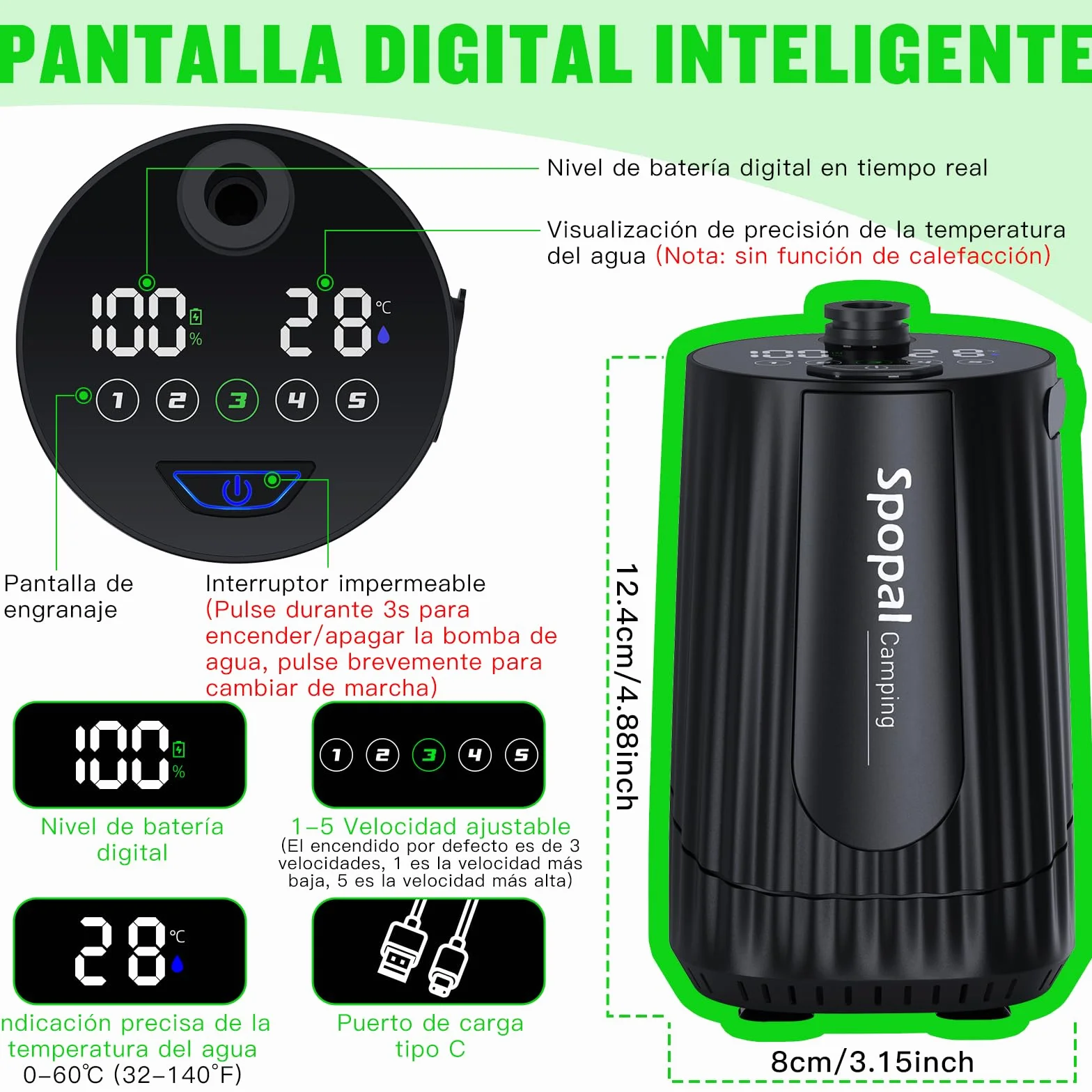 Spopal Ducha Portatil Camping 10000mAh Recargable con Cubo Plegable, Modo Doble Velocidad