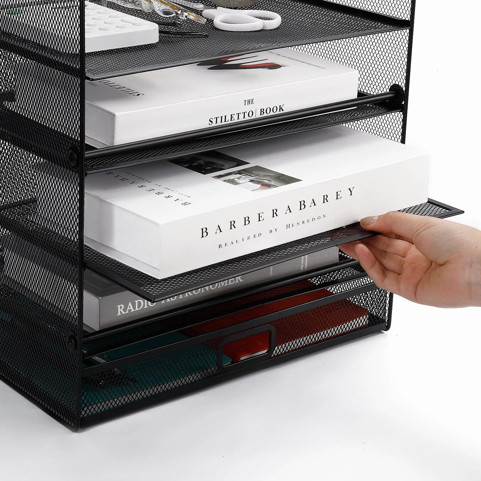 Cinnani Organizador de escritorio,bandeja de papel de 5 niveles con cajón, organizador de compartimentos de almacenamiento con carpetas,cartas,papel,bandeja organizadora de escritorio de metal (negro)