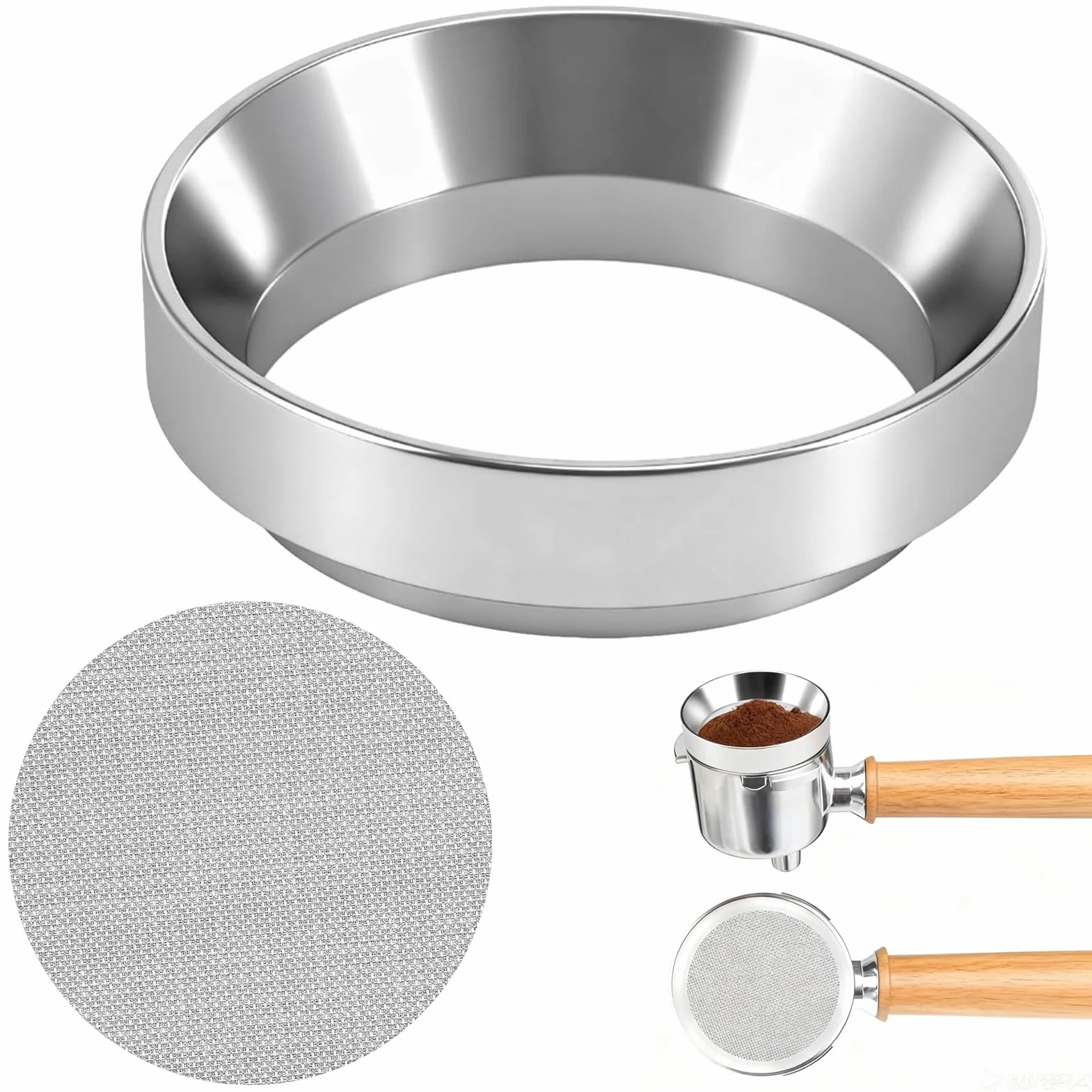 Anillo dosificador de café de 58 mm, Pantalla Puck y Embudo Espresso,Accesorios Barista de Acero Inoxidable, Compatible con Portafiltros, Llenado Preciso y Sin Derrames