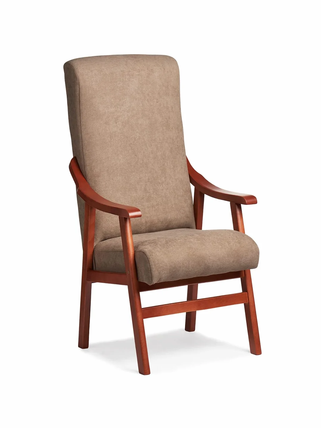 Silla con Brazos. Especial para geriátrico, Personas Mayores con la Espalda Recta. Tapizado en Tela o Polipiel. Color Tostado (Medidas: 115 * 55 * 68 cm.)