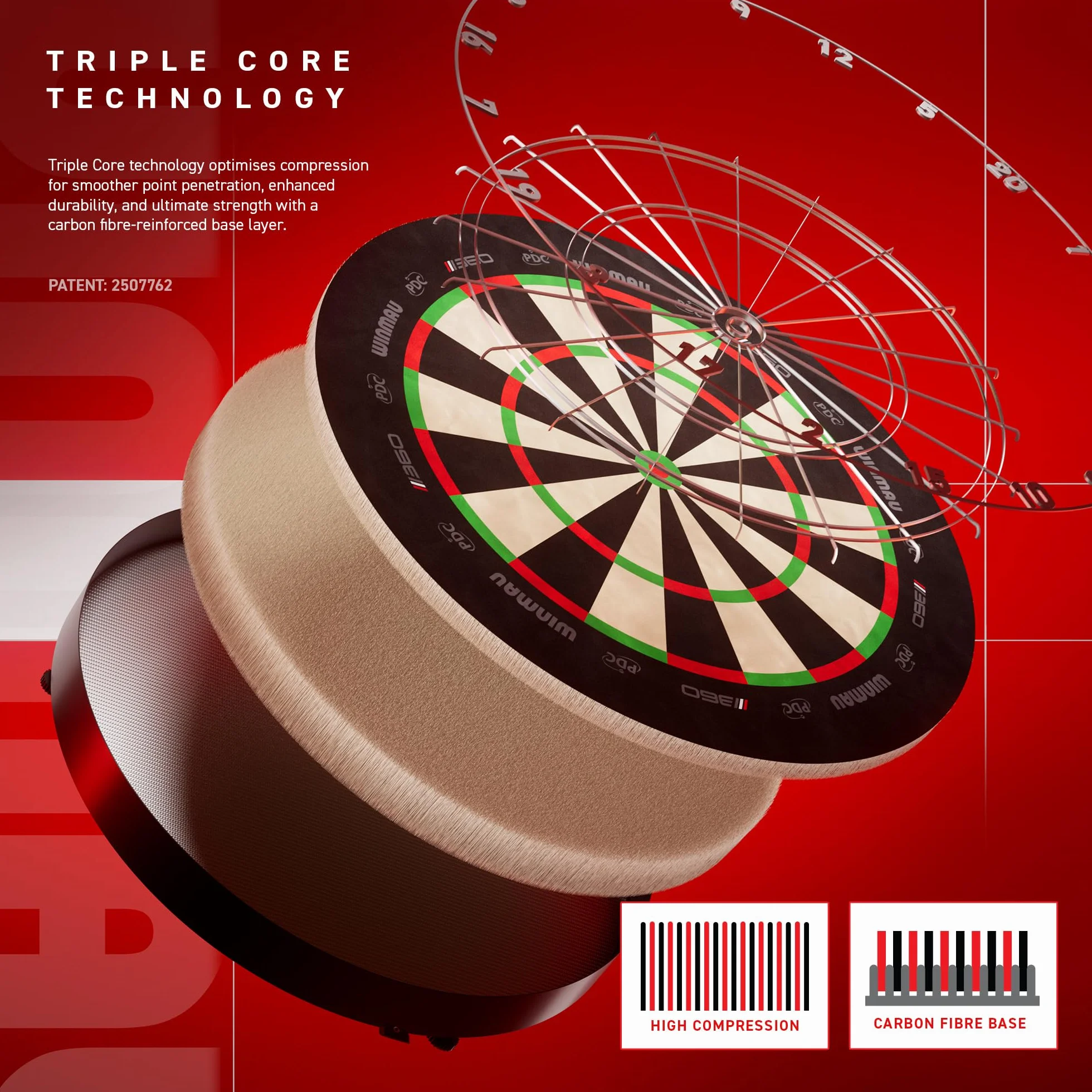 WINMAU Diana Blade 360 Triple Core Carbon Dartboard Rotación Completa Gráficos Simétricos PDC Profesional