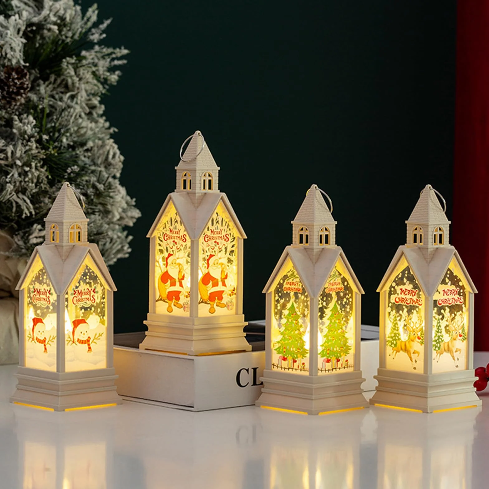 4 farolillos de decoración navideña, farolillos para decoración navideña, farolillos de Navidad con reno y árbol de Navidad, farolillos de Navidad con luz LED blanca cálida, farolillos para decoración