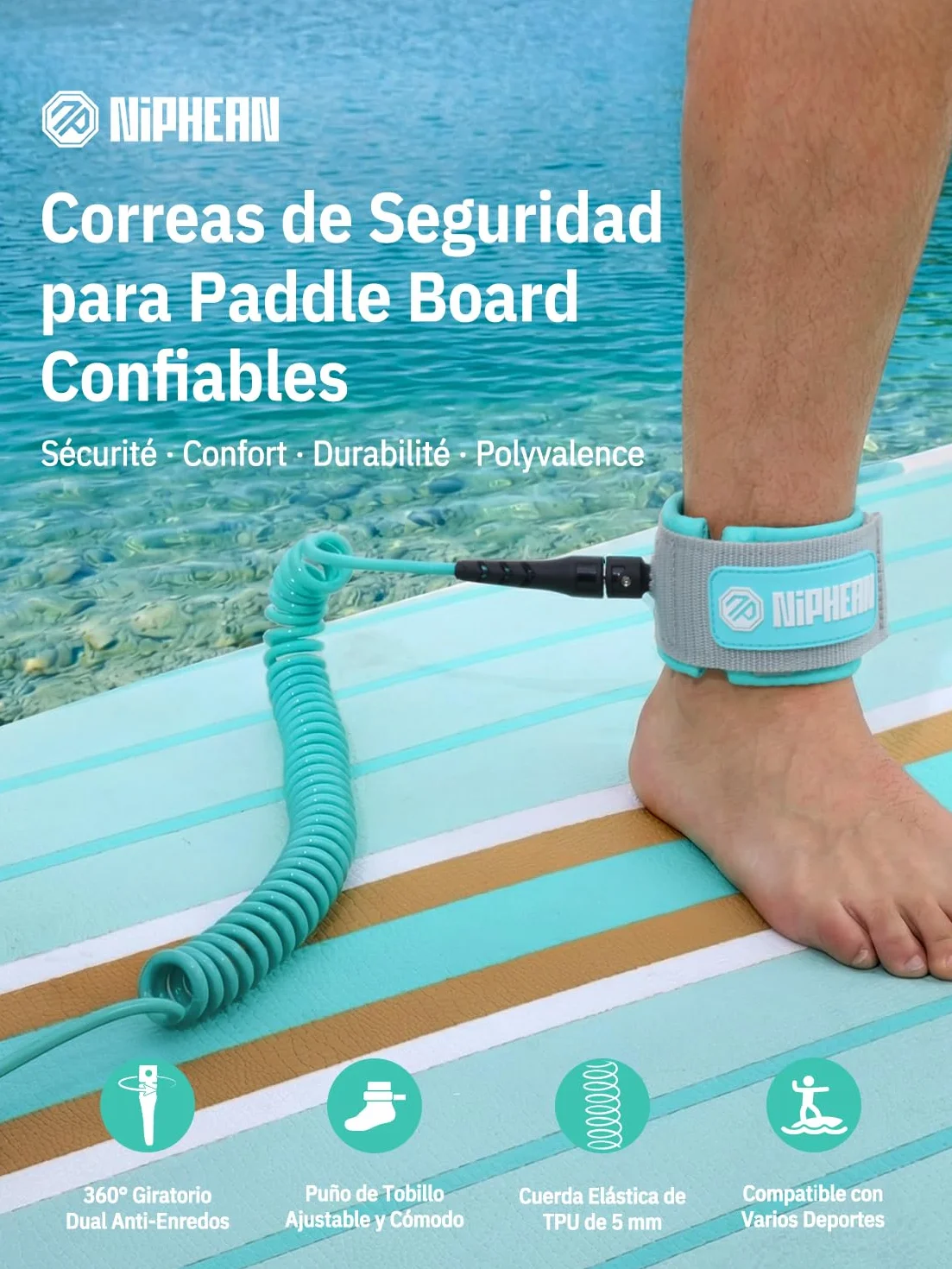 Niphean Leash Paddle Surf 1-3 m, Correa Elástica Espiral 5 mm Tobillo, Antienredos Ajustable para SUP Surf Bodyboard