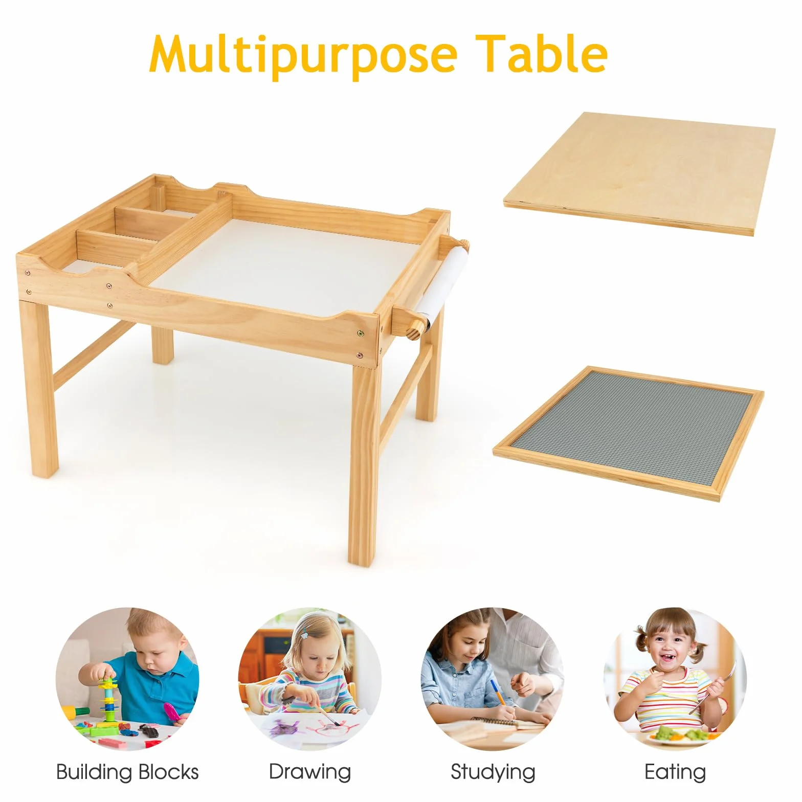LIFEZEAL 2 en 1 Mesa de Actividades Infantil, Mesa de Dibujo y Bloques de Construcción con Espacio de Almacenaje, Bandeja Reversible, Rodillo para Papel, Escritorio de Madera para Niños (Natural)