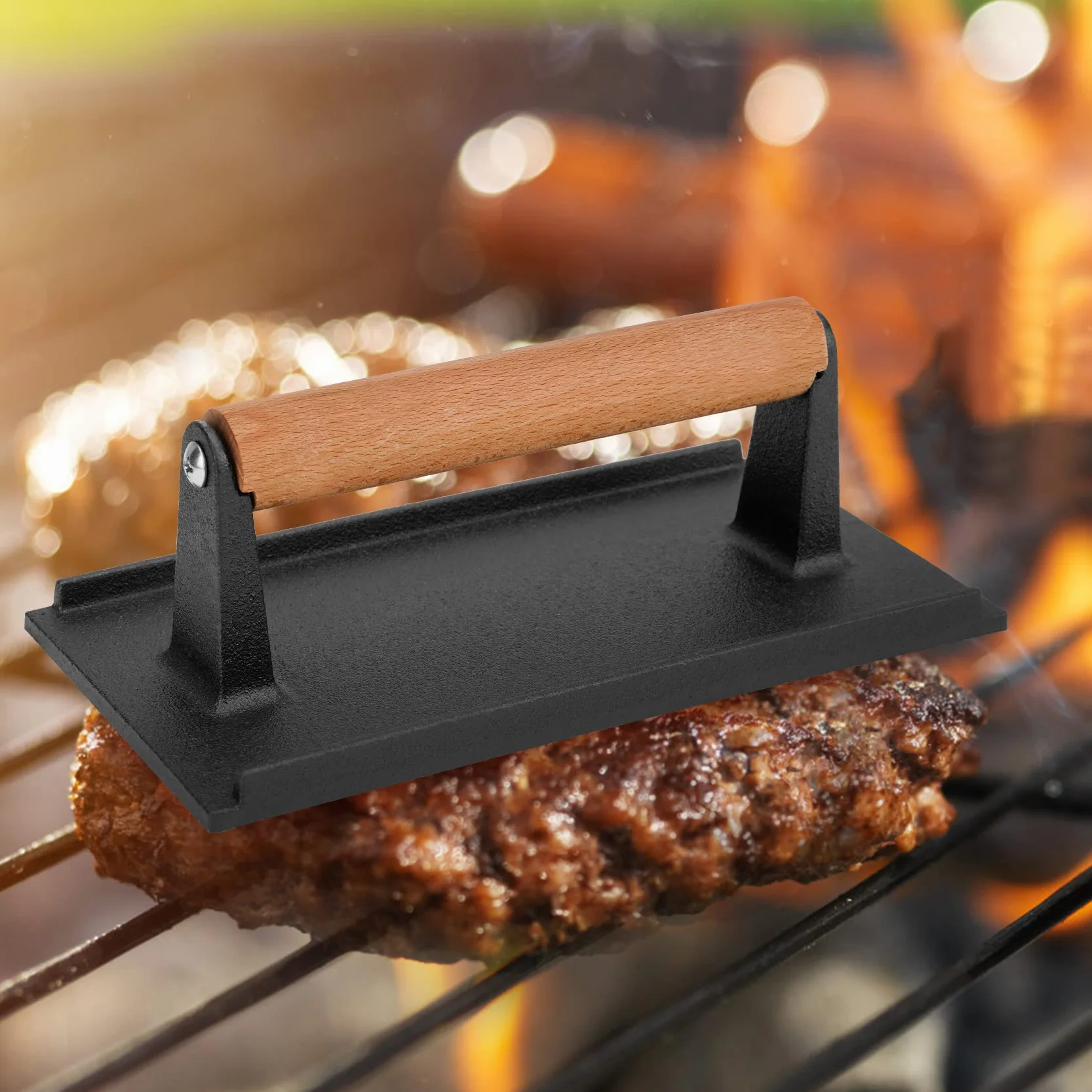 onlyfire Prensa para hamburguesas de parrilla, prensa de hierro fundido para filete de carne y tocino para hamburguesa, sándwich a la parrilla, quesadilla y filete