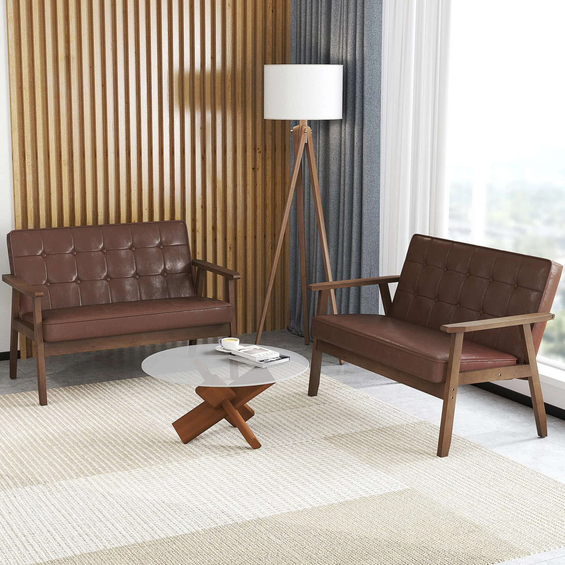 HOMCOM Sillón de 2 Plazas Sofá de 2 Plazas Tapizado en PU con Reposabrazos de Madera Respaldo Acolchado Carga 250 kg Sillón para Salón Dormitorio Marrón