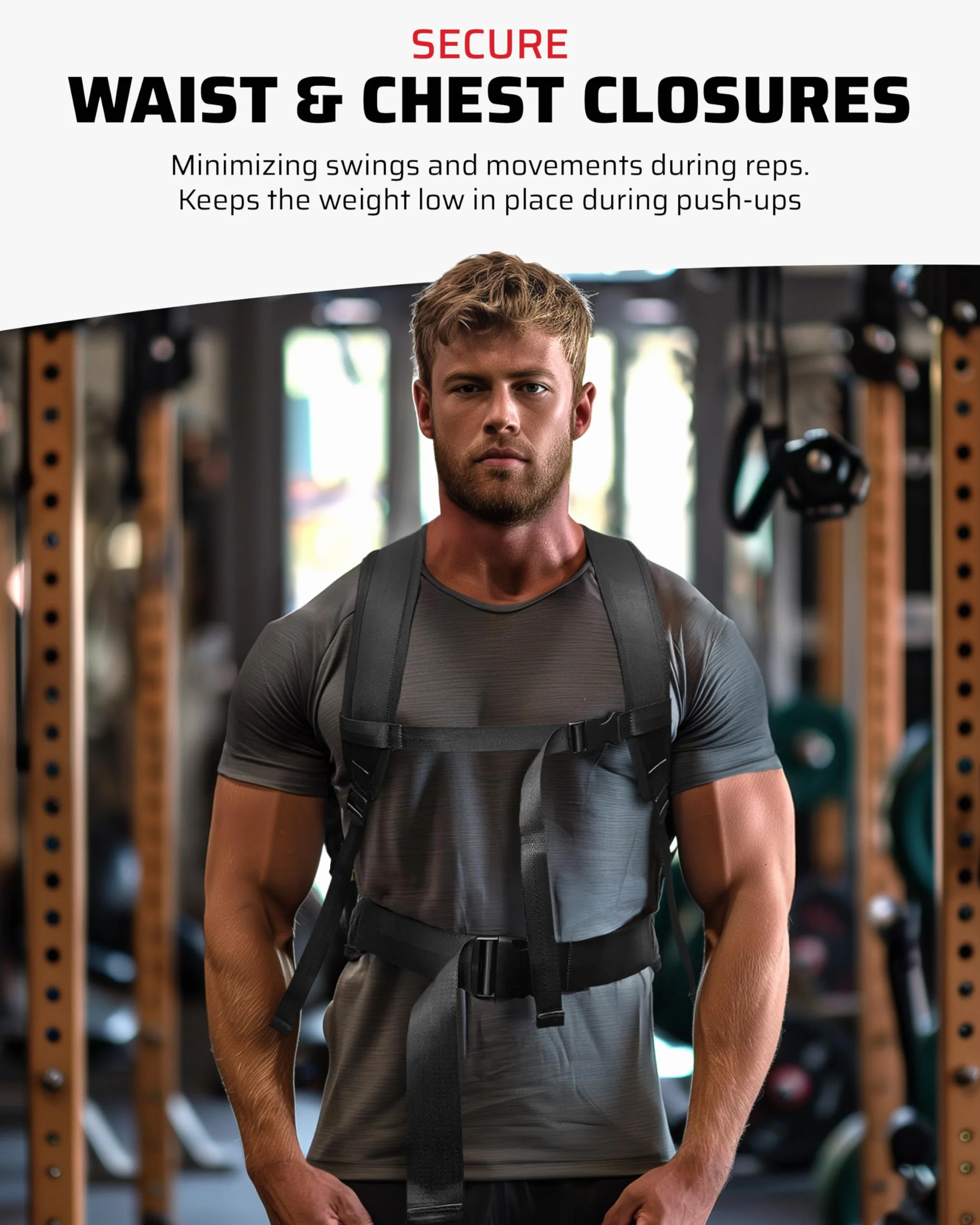 THEFITGUY Mochila pesada para pesas de gimnasio, para flexiones, elevaciones de pantorrillas, sentadillas, uso en la espalda o en la parte delantera, se adapta a placas de hasta 17.5 pulgadas de