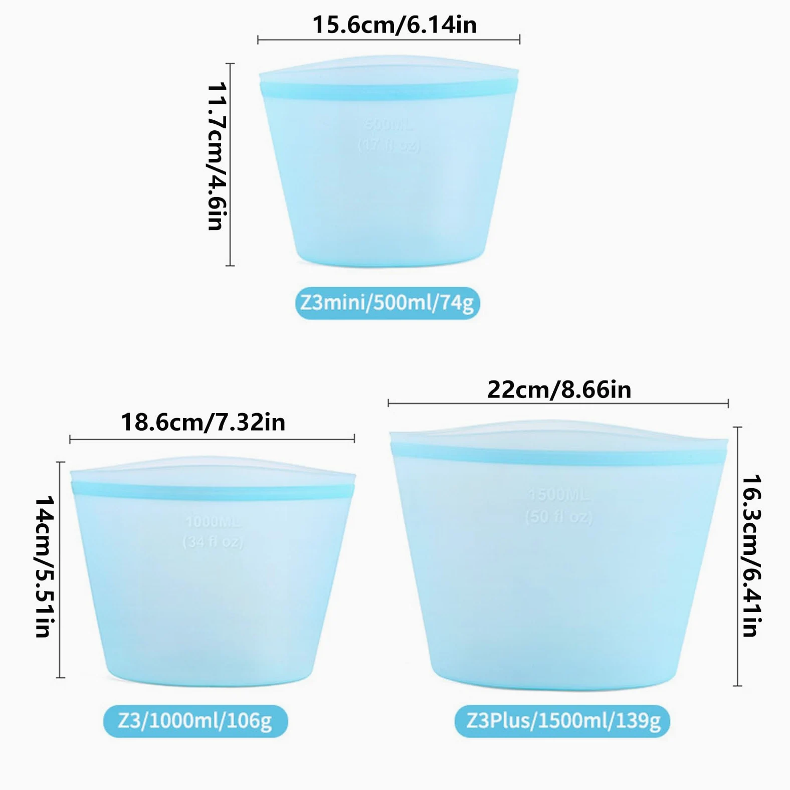 Bolsas de almacenamiento de silicona para sobras y refrigerios, 3 piezas, fáciles de limpiar y con cierre a presión, aptas para lavavajillas