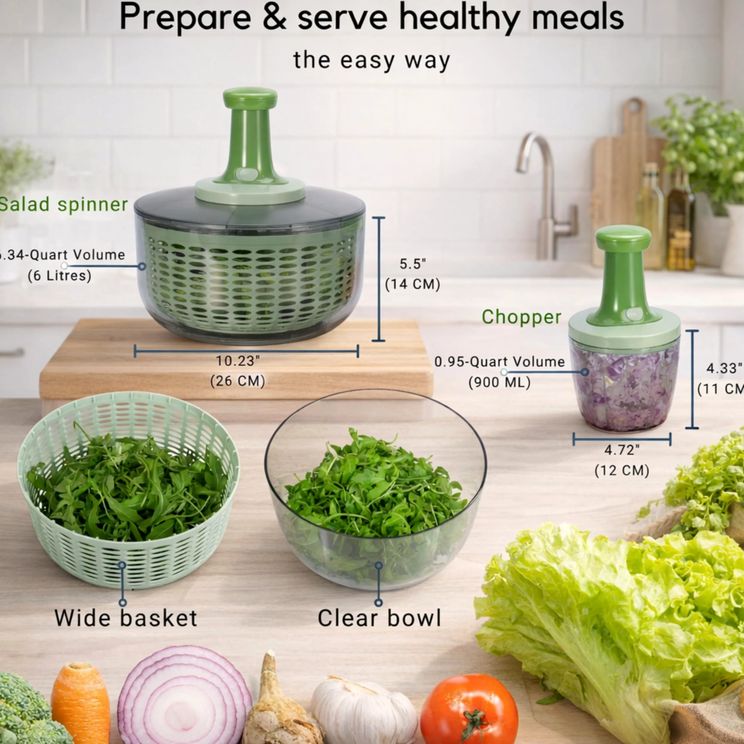 Brieftons Centrifugador y picador de ensalada: secadora grande de verduras de lechuga de 6 litros, con mezclador picador de verduras de 0,9 litros, almacenamiento compacto, fácil operación de empuje