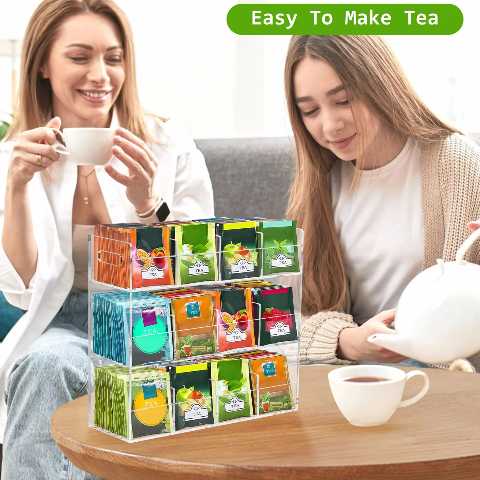 Organizador Infusiones de Acrílico, Caja Infusiones Vertical con 12 Compartimentos para 216 Bolsas de Té, Estante de Té Contenedores para Paquetes de té, Café, Azúcar