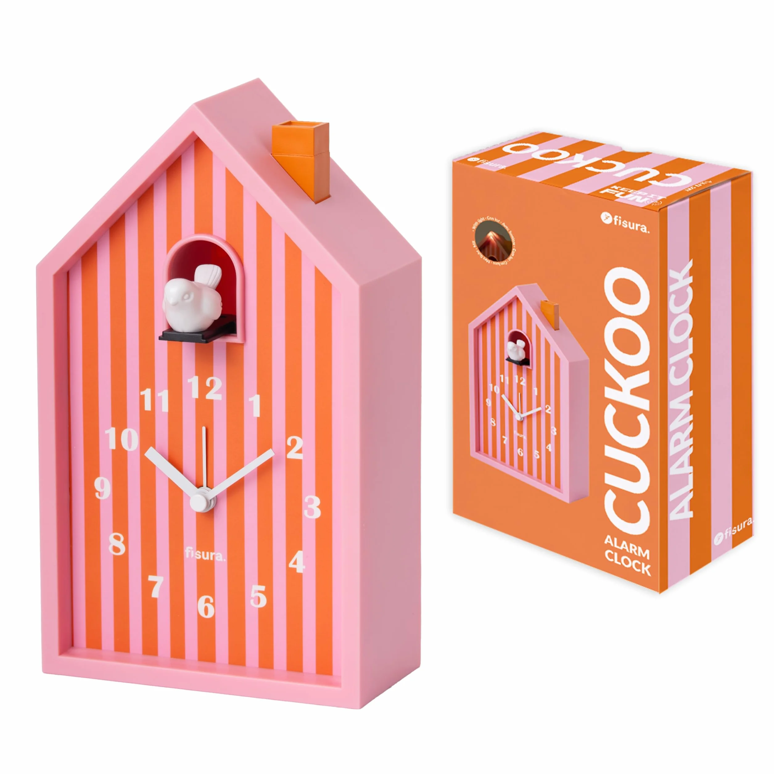 Fisura – Despertador Cuco casita “Rayas” Naranja y Rosa. Despertador analógico Original con Agujas. Botón de Snooze y luz. Regalo Original. 3 Pilas AA (no Incluidas)