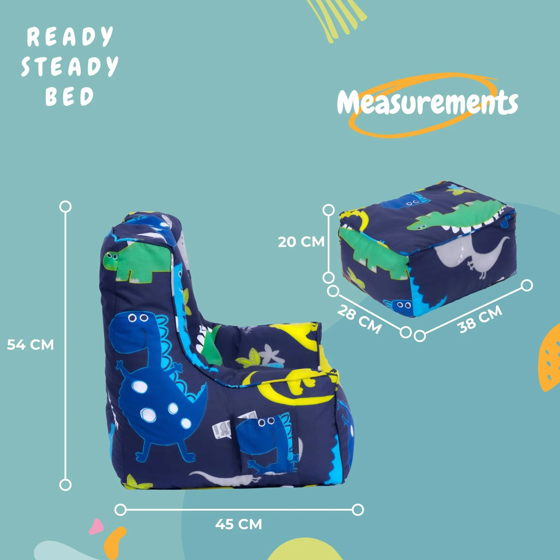 Ready Steady Bed Puf para niños con reposapiés, asiento suave y seguro para jugar a los niños, sillón de diseño ergonómico para niños pequeños, muebles cómodos para niños (dinosaurio oscuro)