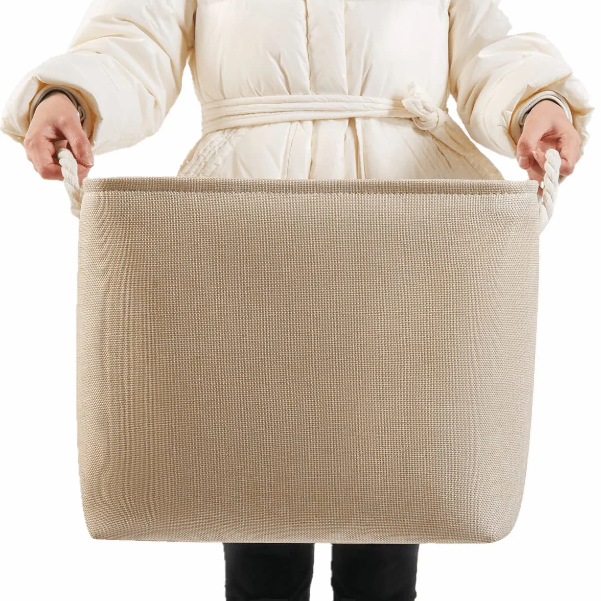 Mangata Cestas Almacenaje Plegables 33x38x33 cm Lona Engrosada Asas Cuerda Beige 4 Pack
