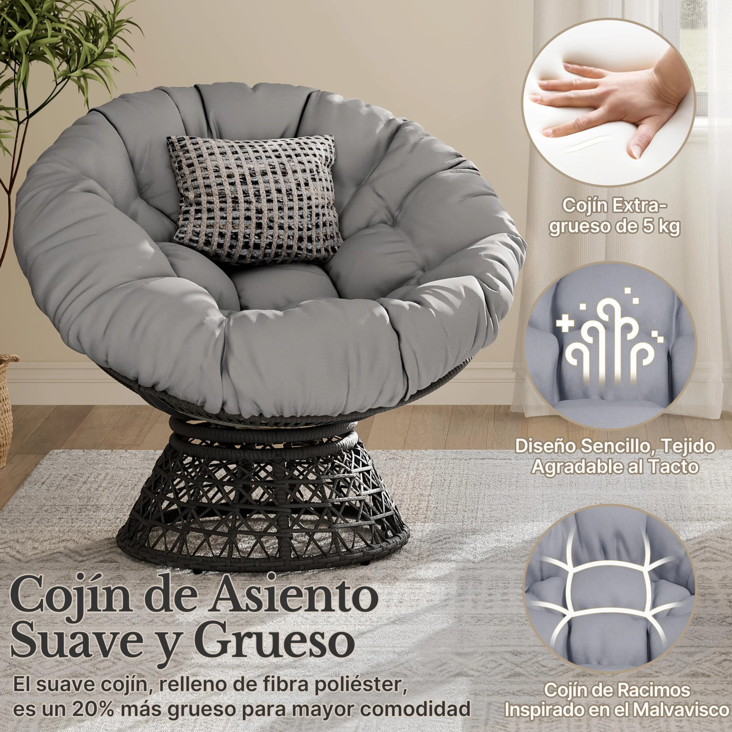Yaheetech Sillón Papasan Giratorio 360°con Cojín Grueso de un Diámetro 100 cm, Hecho de Ratán Resistente y Adecuado para el salón, Dormitorio y Terraza (Gris)