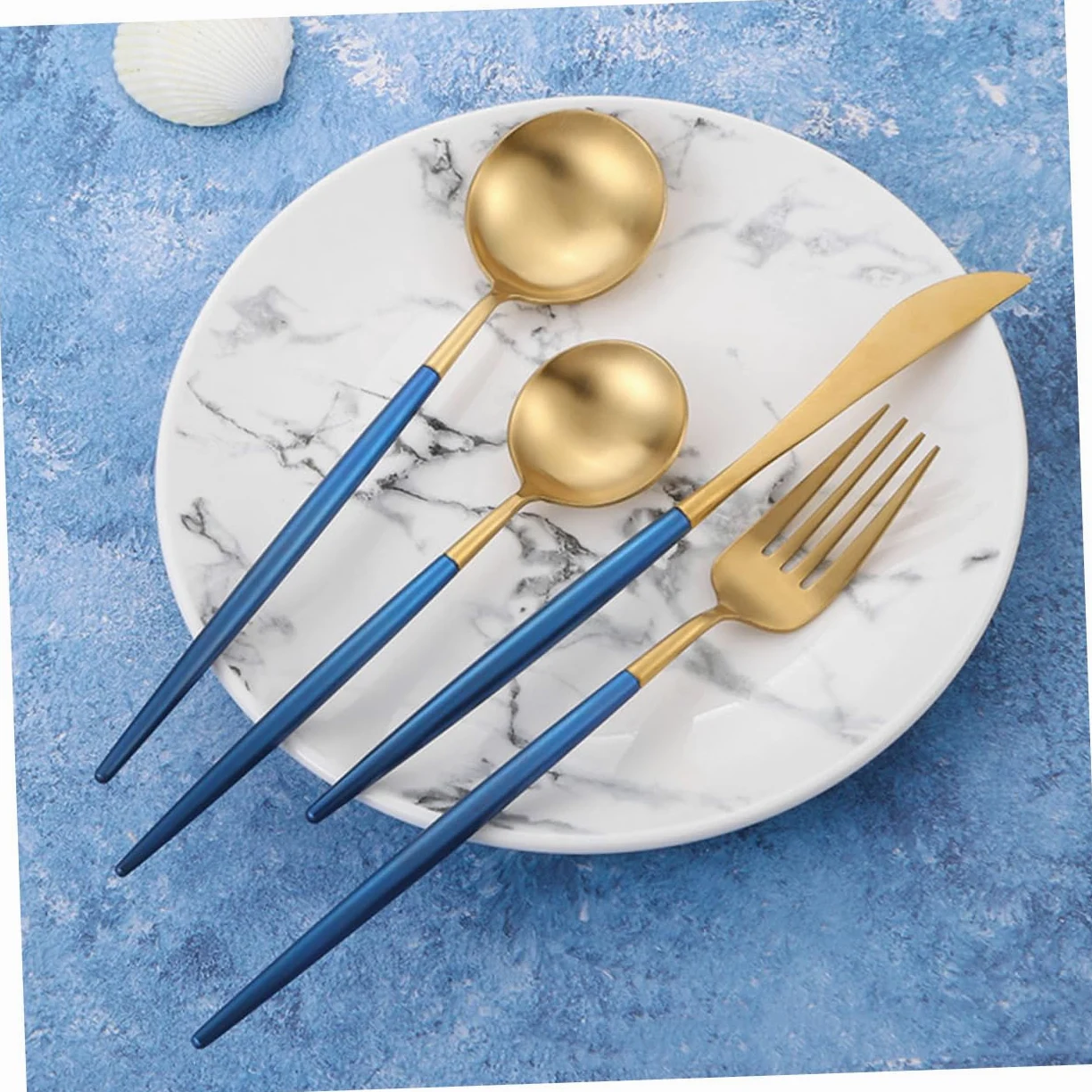 Juego de Cubiertos de Acero Inoxidable 1 Set, Tenedor de Cena | Diseño Clásico Moderno, Azul y Dorado, Uso en Boda y Celebraciones, Agarre Firme y Limpieza Fácil