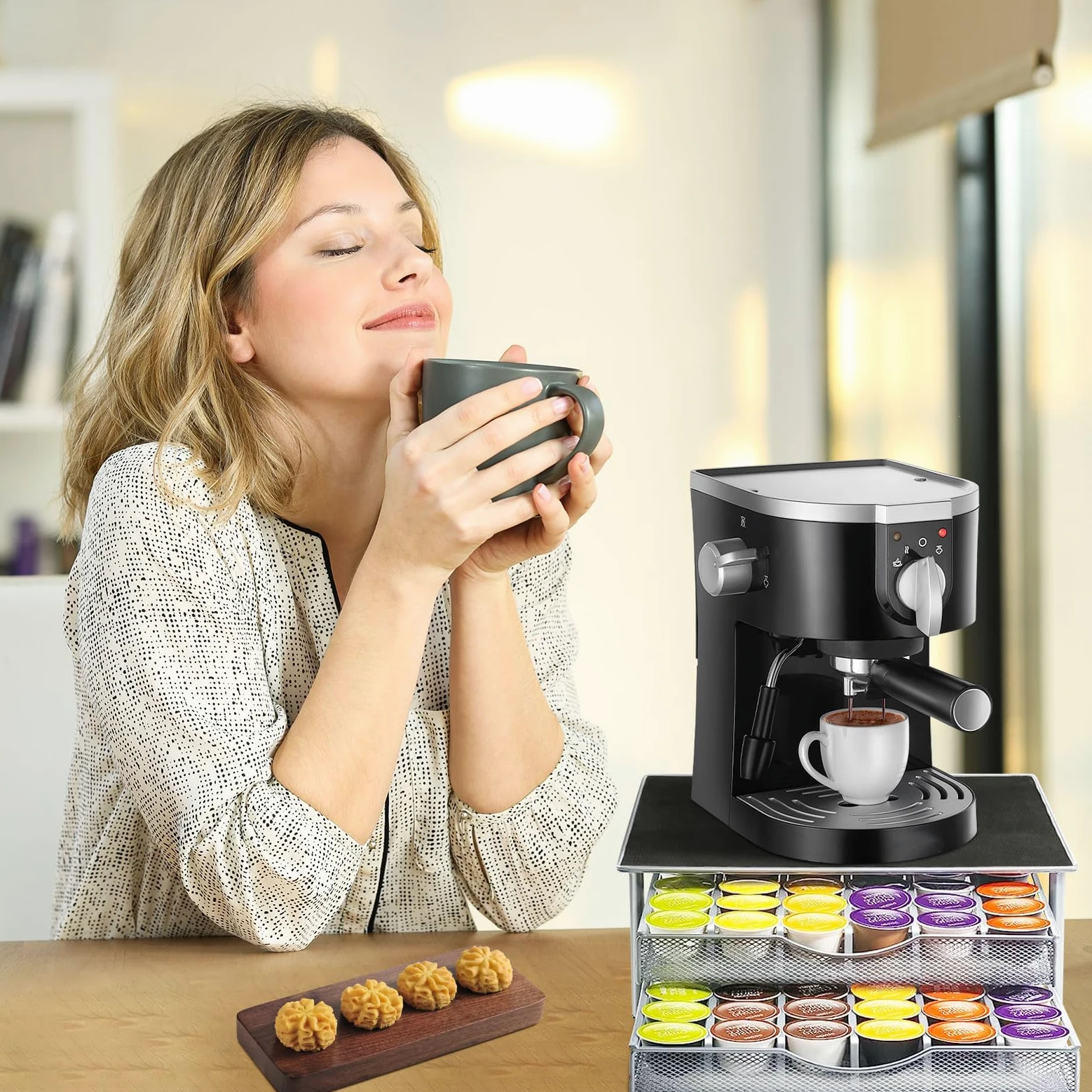 72 cápsulas portatapas, cajón de almacenamiento para cápsulas con soporte de cafetera, organizador de cápsulas de café, dispensador de cápsulas de gran capacidad