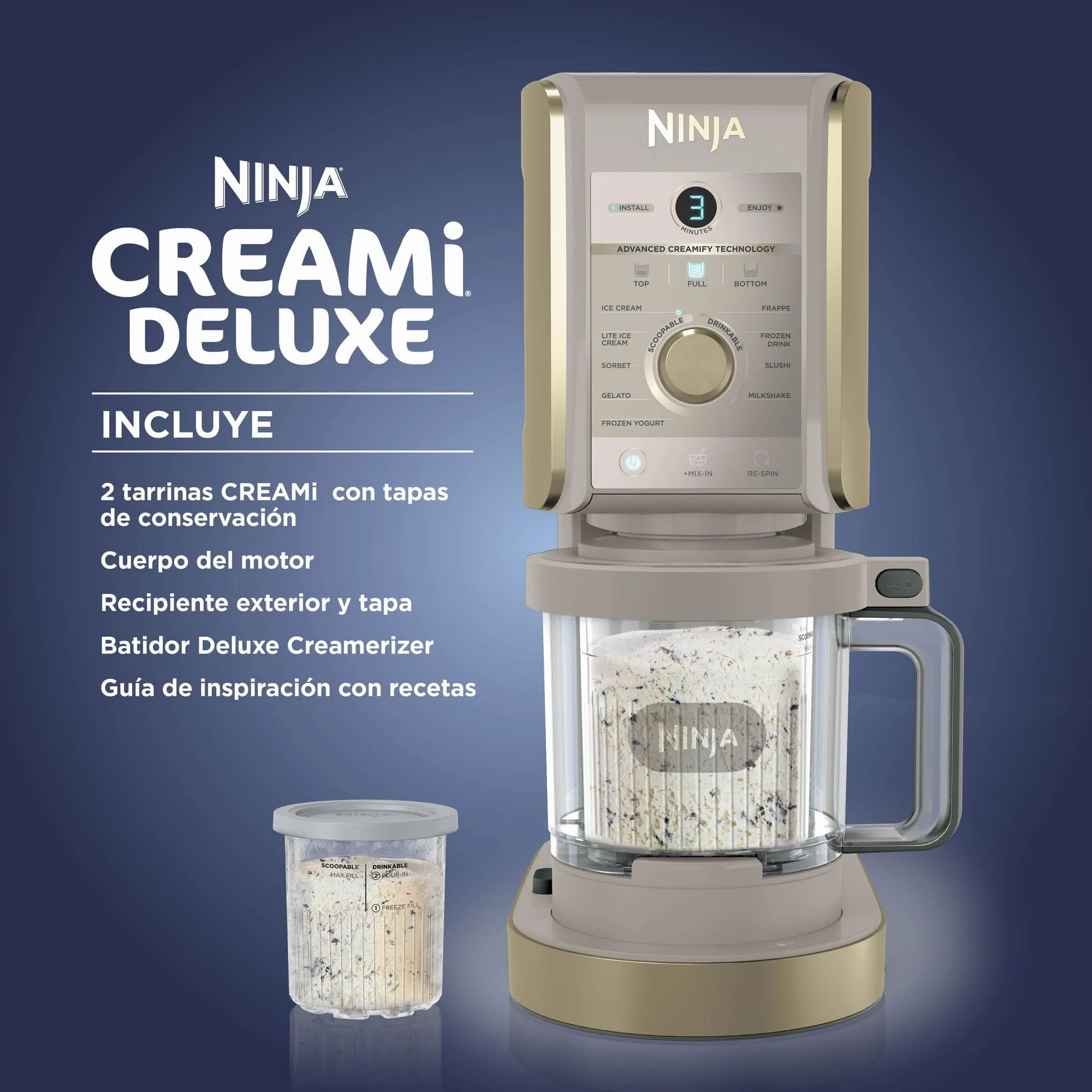 Ninja CREAMi Deluxe Heladera multifunción con 2 tarrinas, 10 programas, prepara Helado, Gelato, Sorbete, Yogur congelado, Batido, Granizado y más, opción de 2 sabores en 1, piedra dorada, NC502EUSTGD