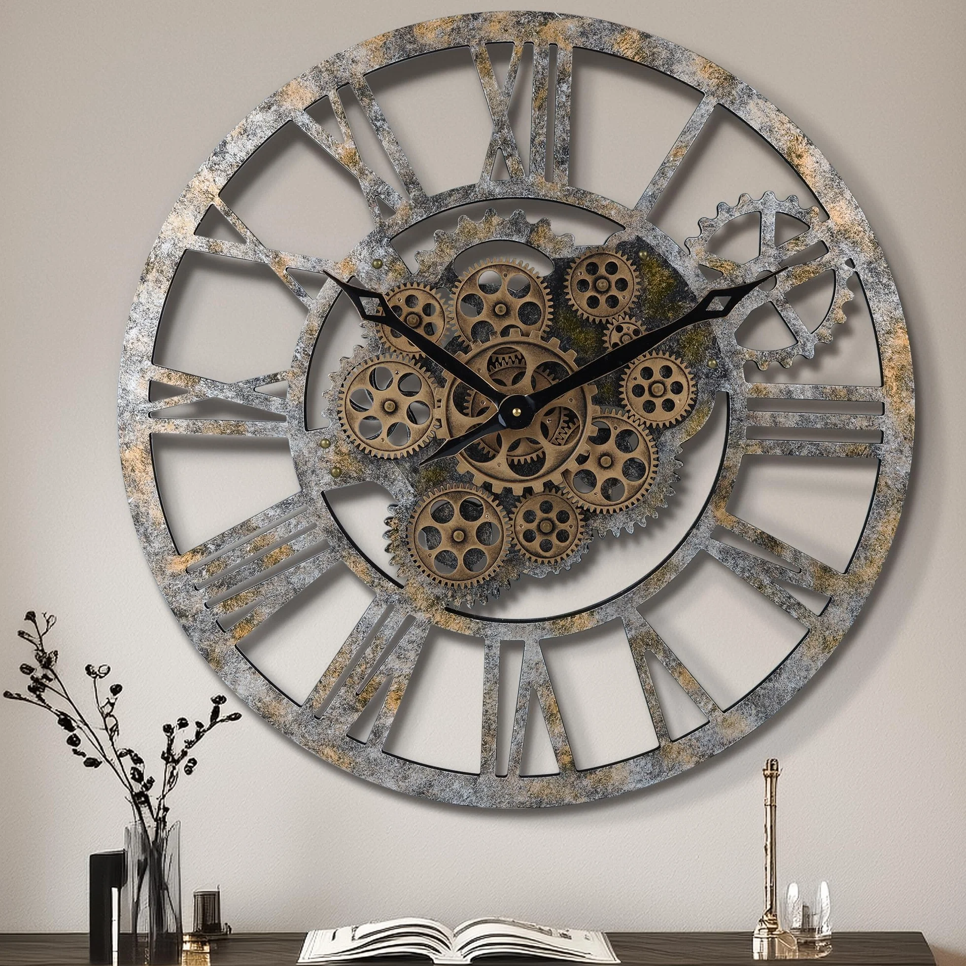 Lafocuse Reloj de Pared Grande Salon Engranajes Giratorios, Vintage Madera Marrón 57 cm Industrial Steampunk, Rustico Números Romanos Retro para Bar Cafetería Cocina