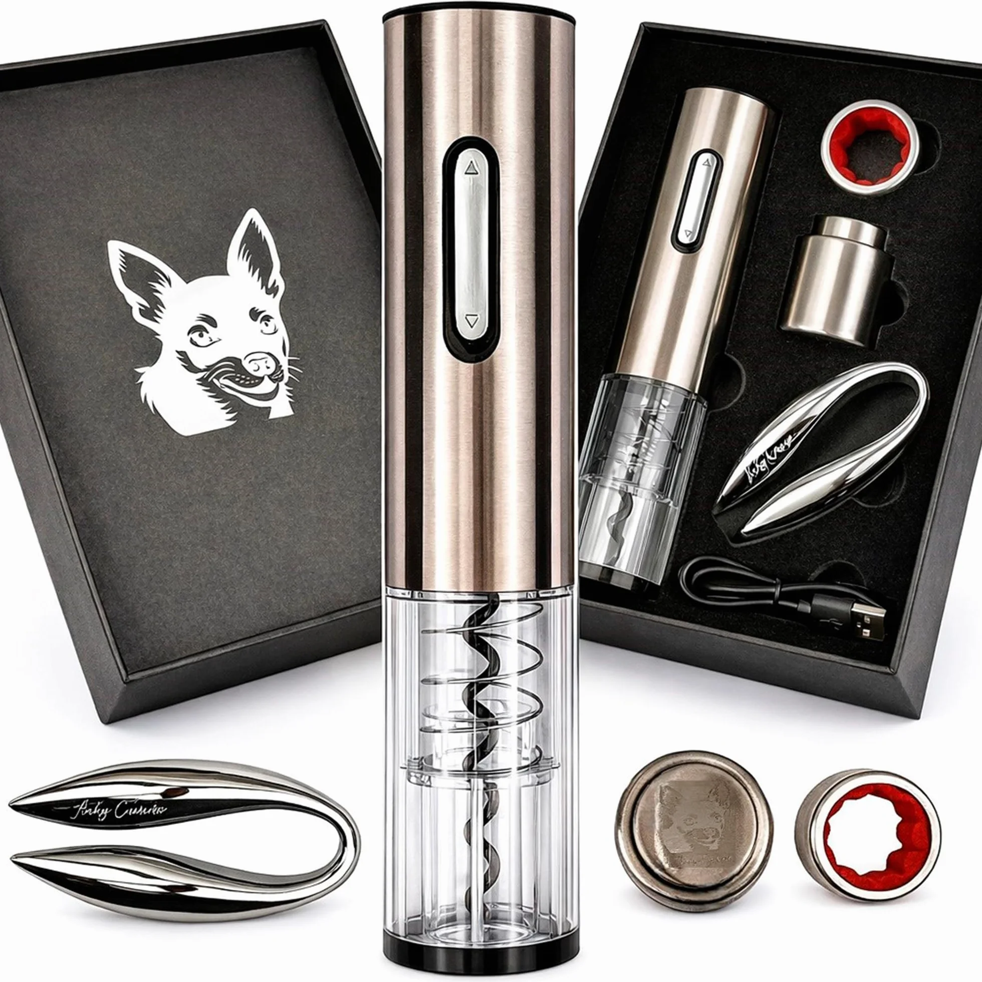 Sacacorchos Eléctrico Recargable para Vino con Cortacápsulas, Tapón de Vacío y Anillo Antigoteo, Set Abridor en Caja Regalo