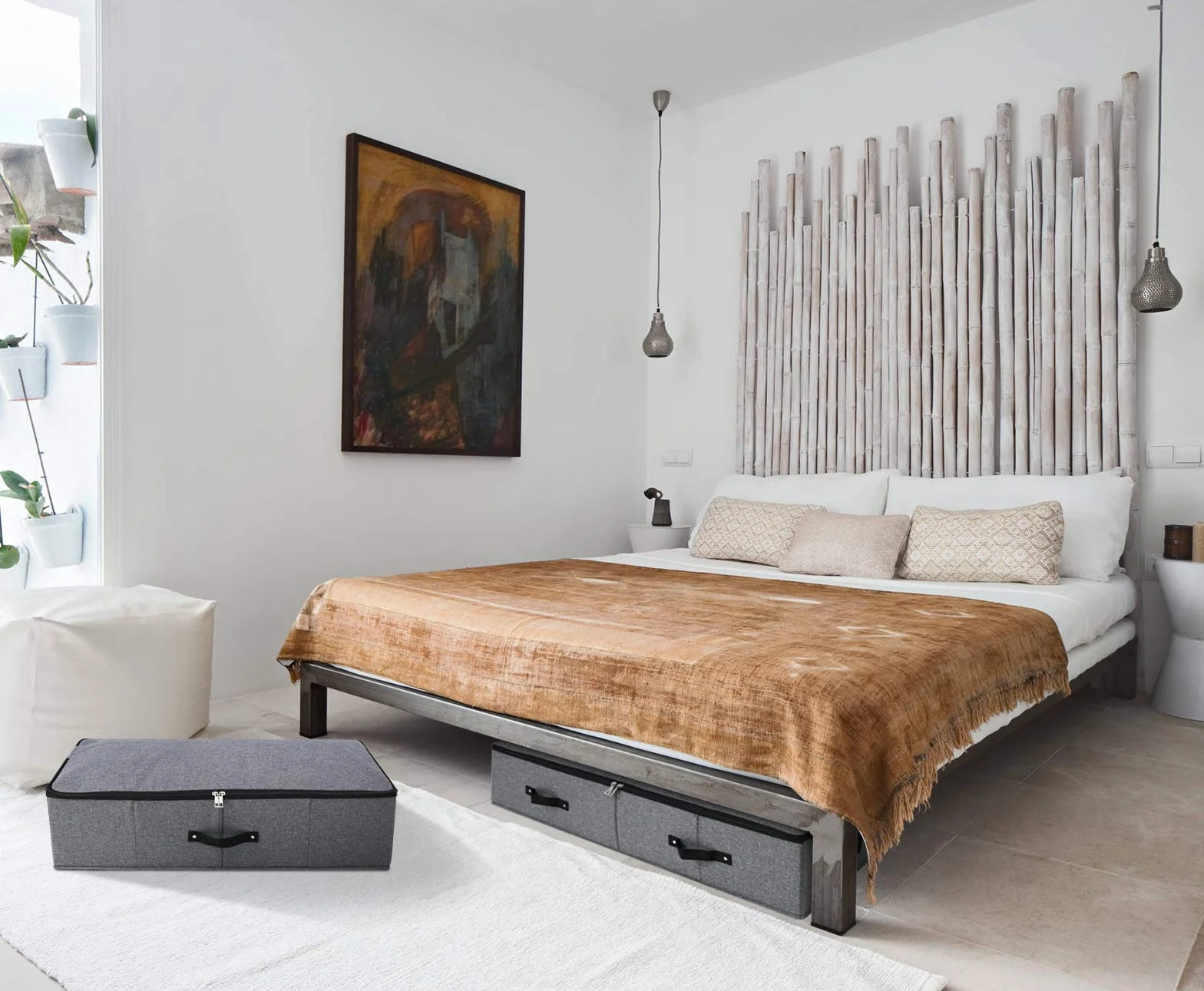 Juego de 2 cajas de almacenamiento plegables debajo de la cama con forro de soporte de plástico, 6 asas, tapa con cierre de cremallera, para cobijas, ropa, edredones, cestas de almacenamiento para la