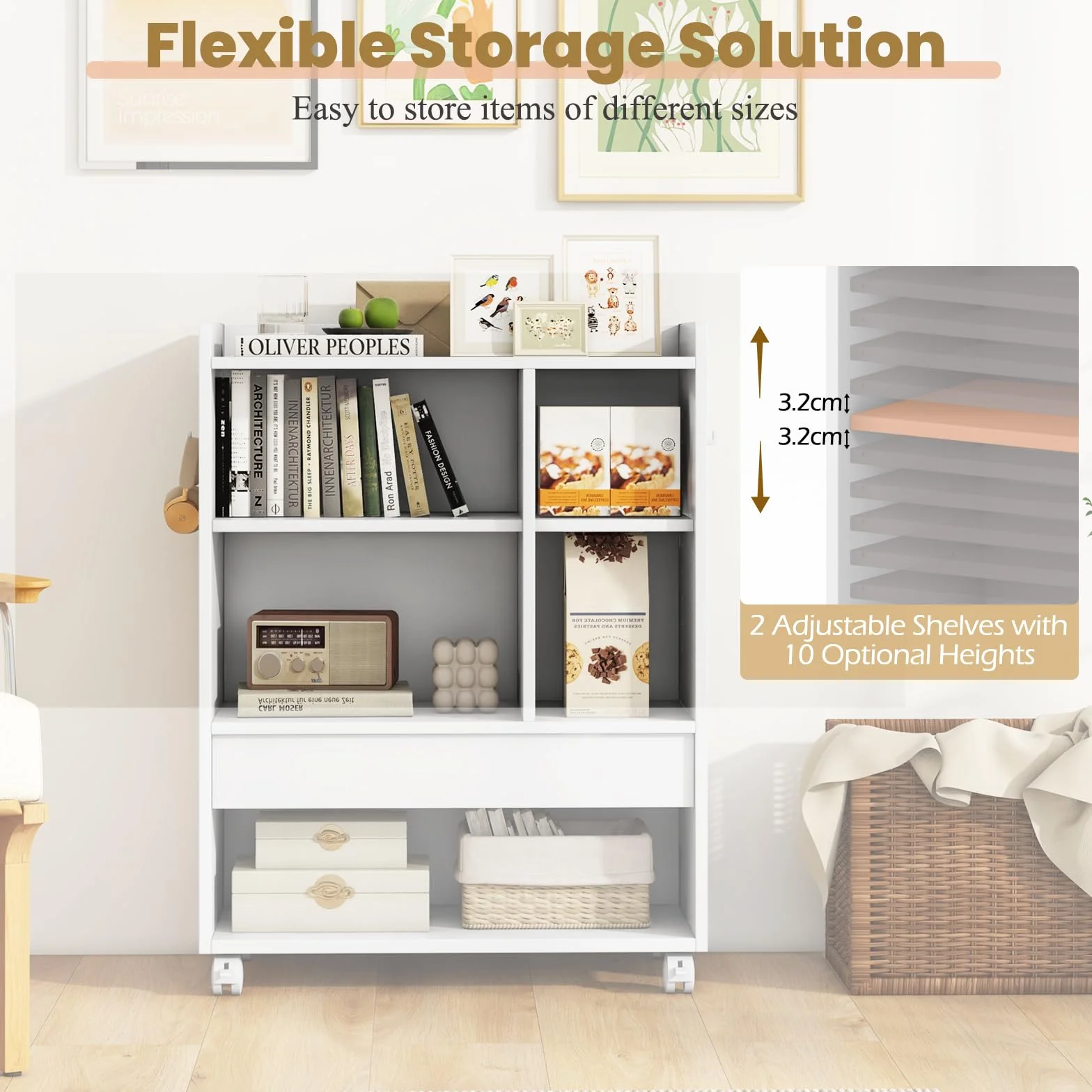 KOMFOTTEU Archivador Móvil con Ruedas, Soporte para Impresora con Cajón, Estantes Ajustables, Gancho, Mueble de Almacenamiento para Salón, Estudio, Oficina, 63,5 x 30 x 84,5 cm (Blanco)