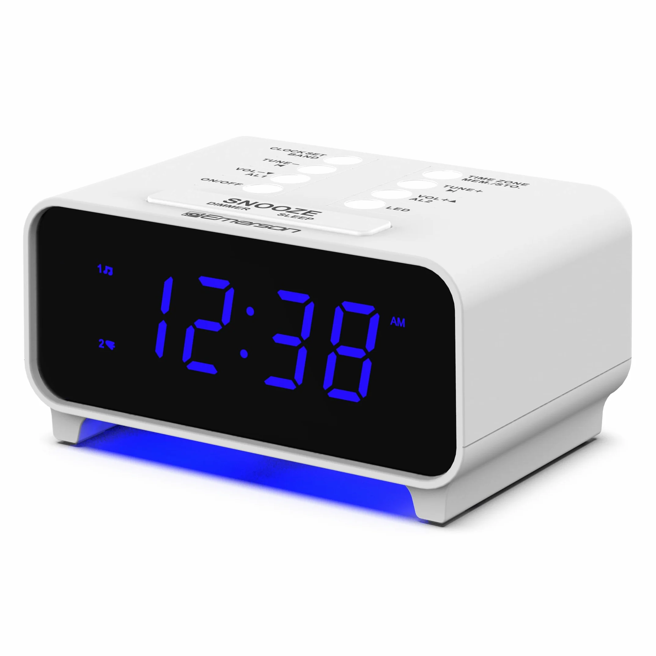 Emerson CKS1500 SmartSet - Radio Despertador Dual con Am/FM, Pantalla LED Azul de 0.9 Pulgadas, regulador de 4 Niveles, luz de Acento Azul, Temporizador de Apagado y Ajuste automático de la Hora