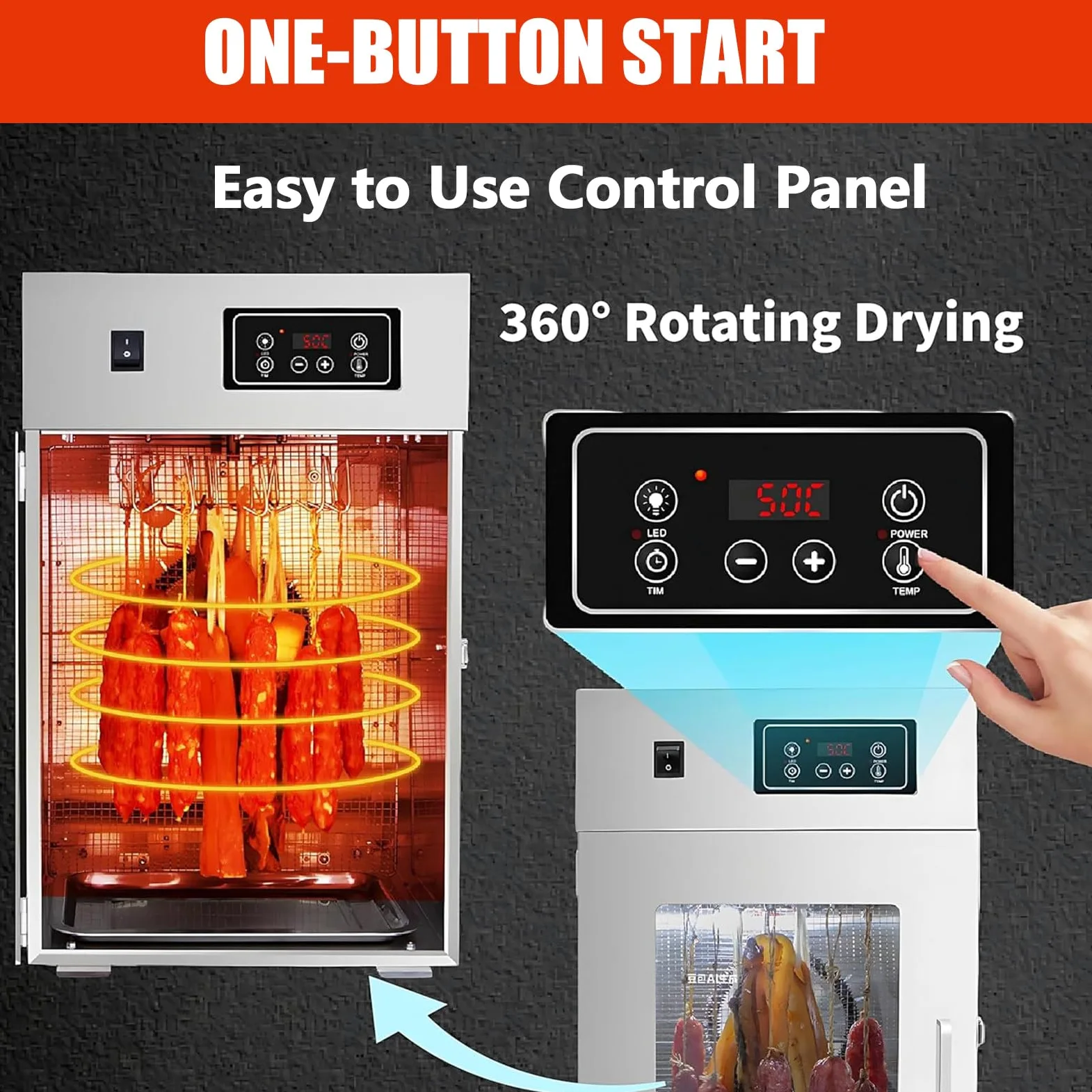 Deshidratador de alimentos y armario de secado de acero inoxidable para biltong, grande, 7,5 kg/15 kg, 14 varillas para colgar, deshidratador de alimentos de 800 W para cecina, control de tempera