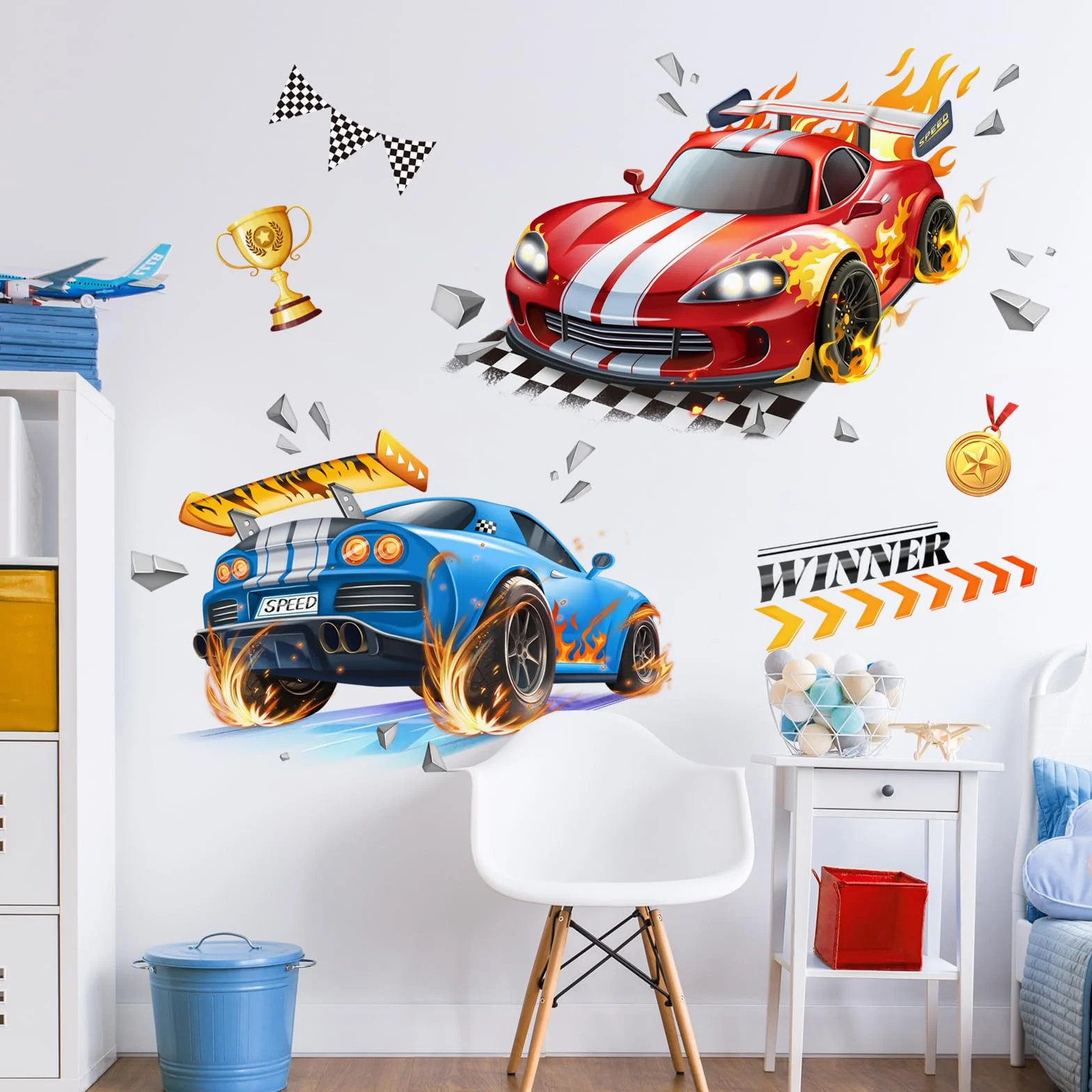 Pegatinas de Pared 3D Coches de Carreras Vinilos Decorativos Rojo Azul Banderas Adhesivos para Infantiles Niño Dormitorios