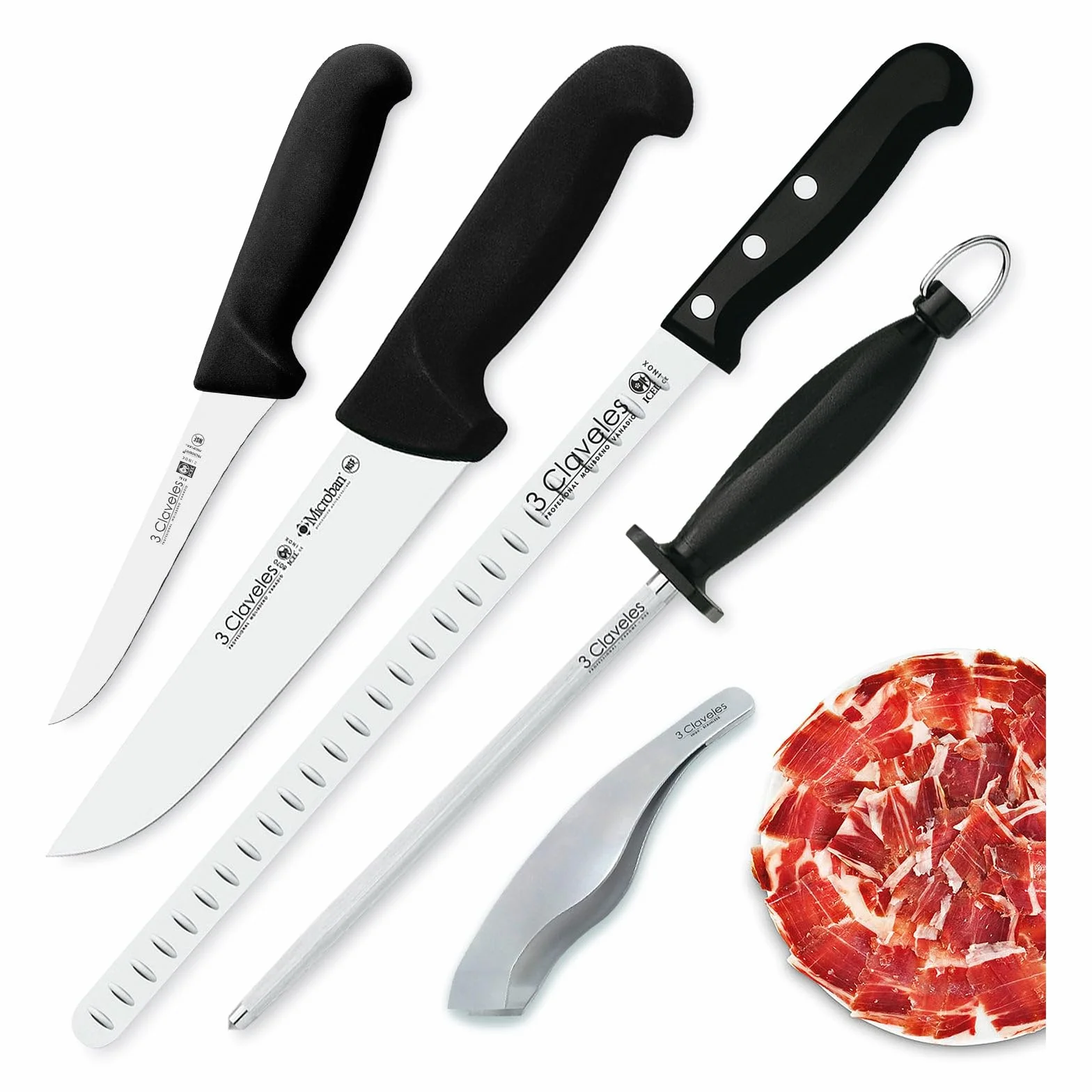 PracticFood Juego de Cuchillos Profesionales Selección Super Chef, Jamonero Alveolado 29 cm con Accesorios (3C PREMIUM II)