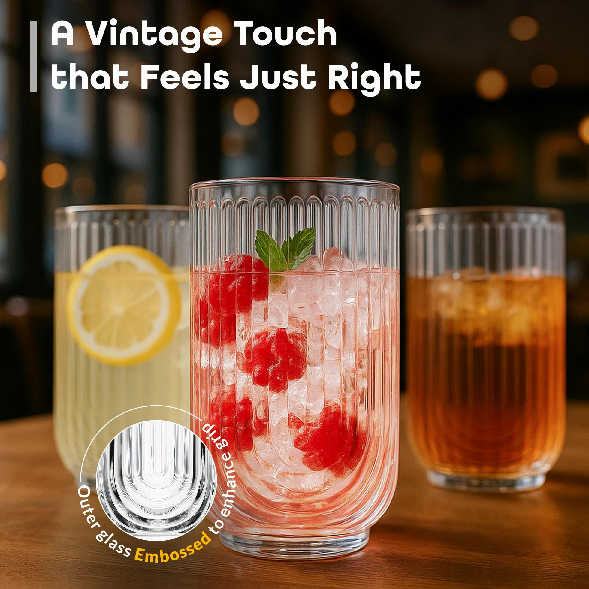 Glaver's Juego de 8 vasos de 17 onzas, vasos de cóctel ondulados, vasos acanalados, vasos de vidrio Highball. Cristalería Art Deco con diseño de arco para agua, jugo, café.