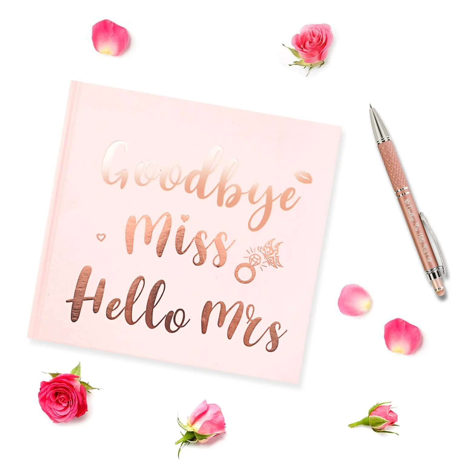 HOWAF Goodbye Miss Hello Mrs Libro de visitas de despedida de soltera, Boda, Team Bride Libro de Consejos de oro rosa, incluye bolígrafo