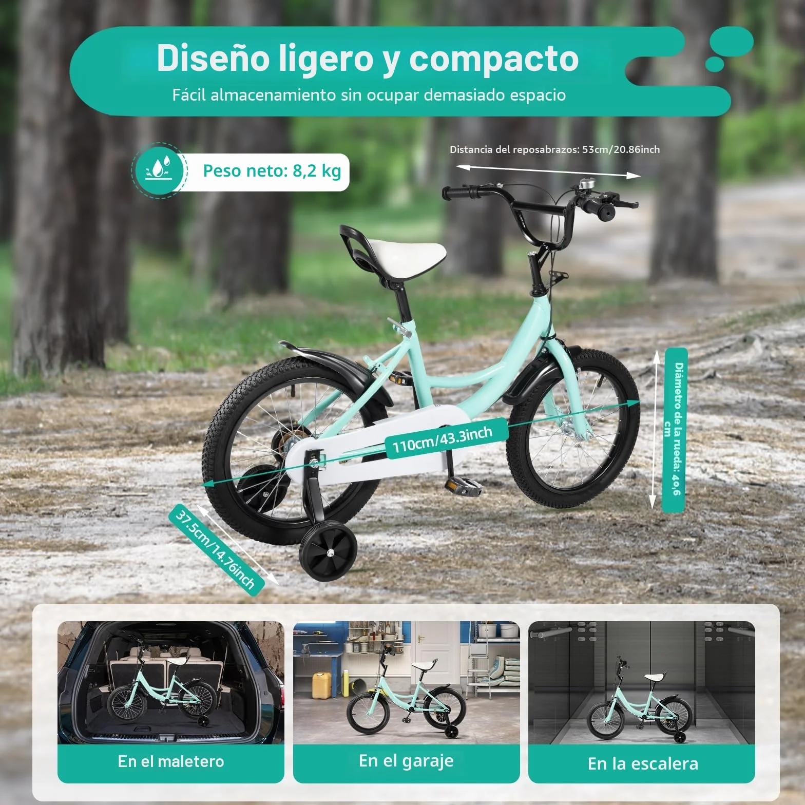 Bicicleta infantil 16 pulgadas con ruedas estabilizadoras para niños niñas 5-8 años sillín manillar ajustable doble freno guardabarros timbre