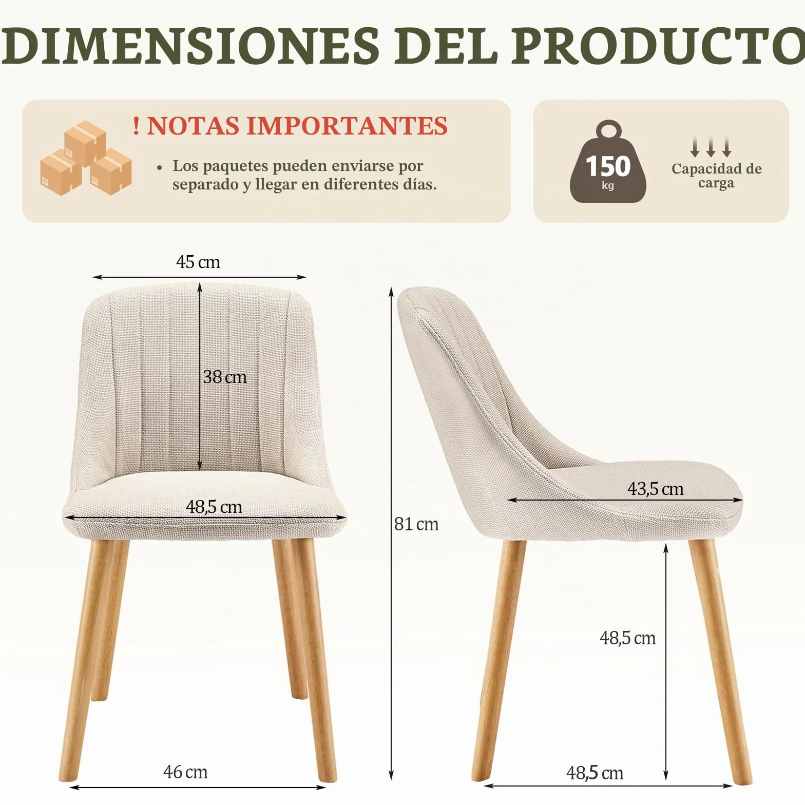 Silla Comedor Set 6 Cómodas Sillas Comedor Pata Madera Diseño Silla Tapizada Lino Beige