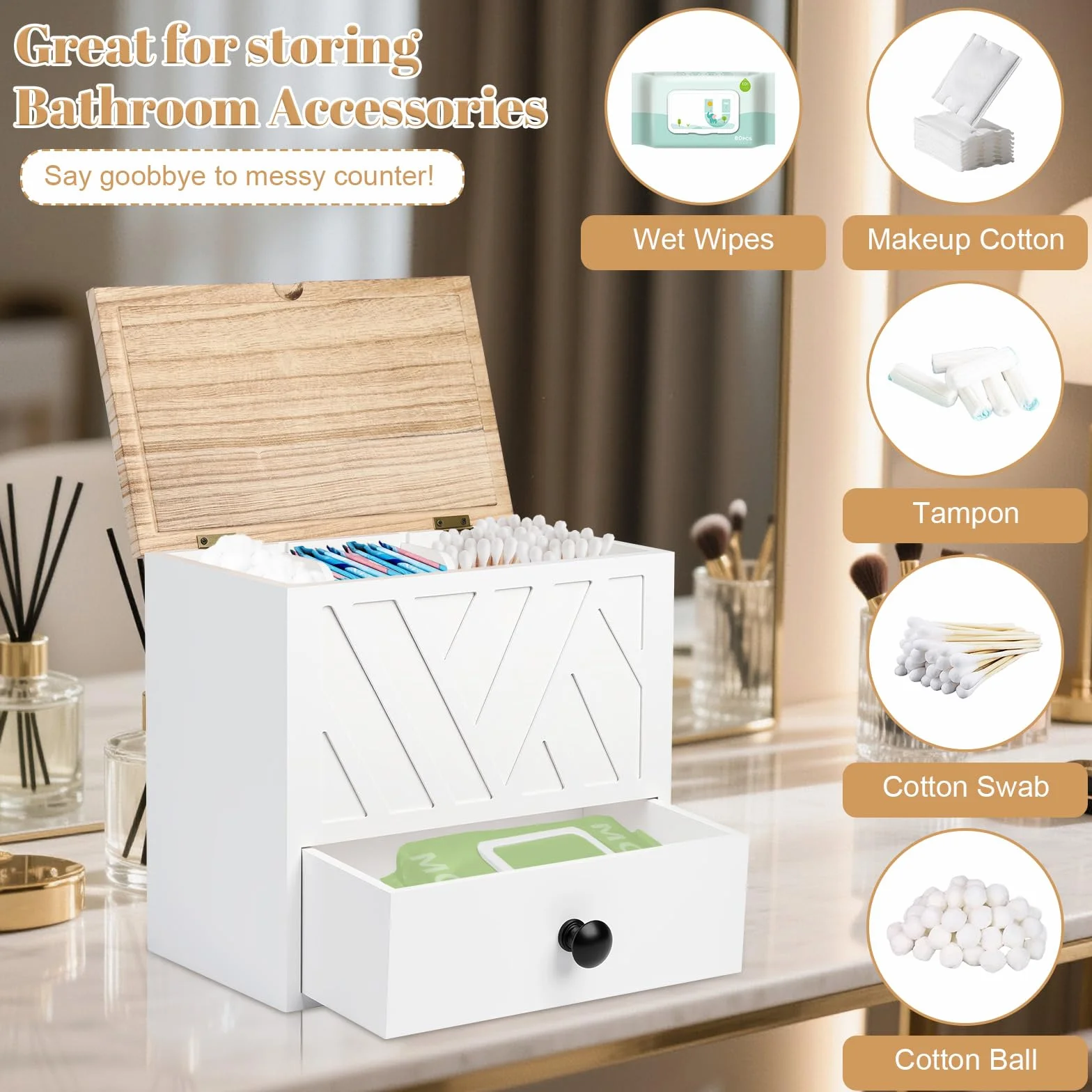 3 Compartimentos Caja Organizadora Compresas, Guarda Compresas y Tampones con Tapa Diseño Cajones para Salvaslips de Madera, para Artículos de Higiene Íntima para Niñas, Mujeres y Señoritas (Blanco)