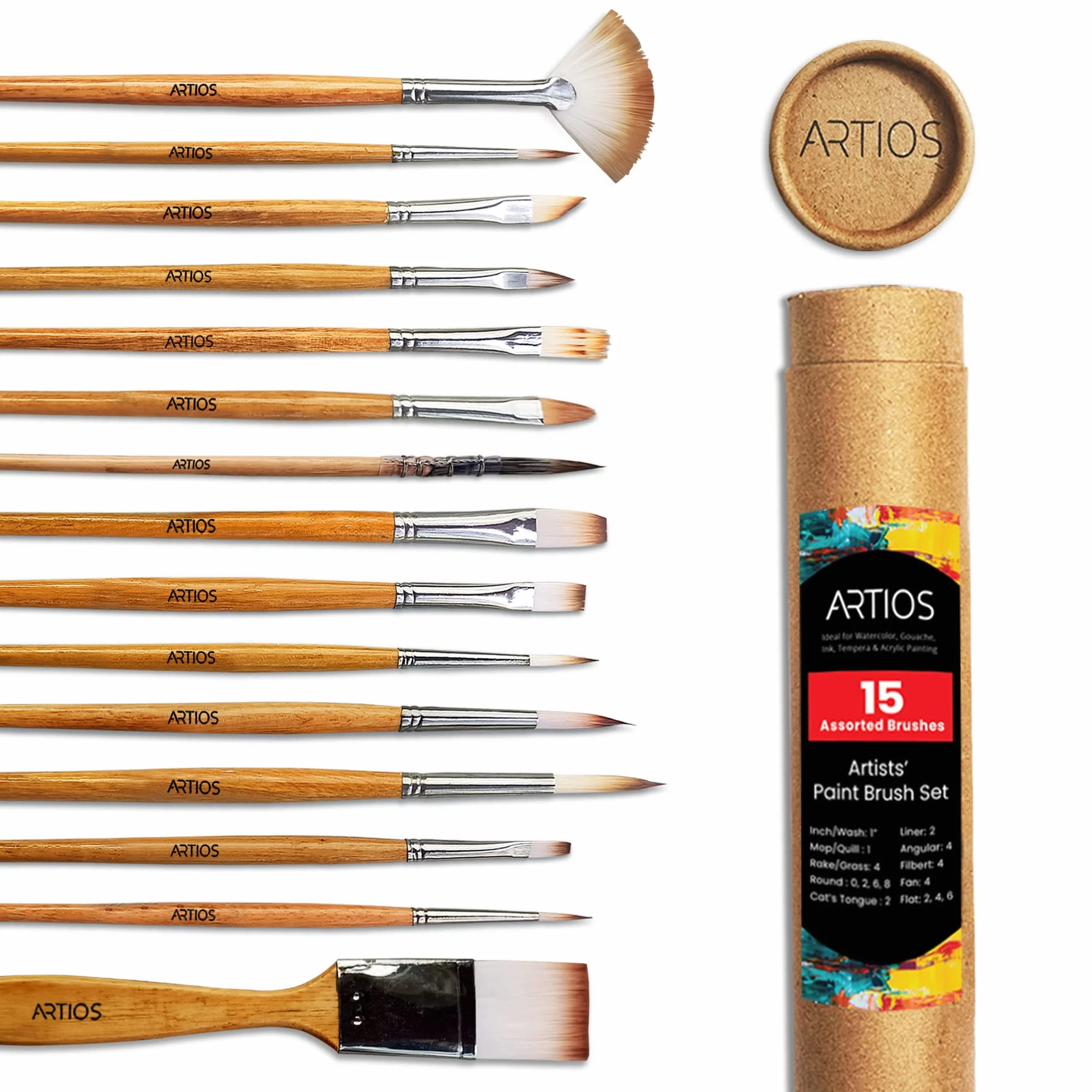 ARTIOS Juego de 15 pinceles profesionales, acrílico y acuarela, madera | Juego hecho a mano con soporte para pinceles, casquillos de latón inoxidables y libres de crueldad animal