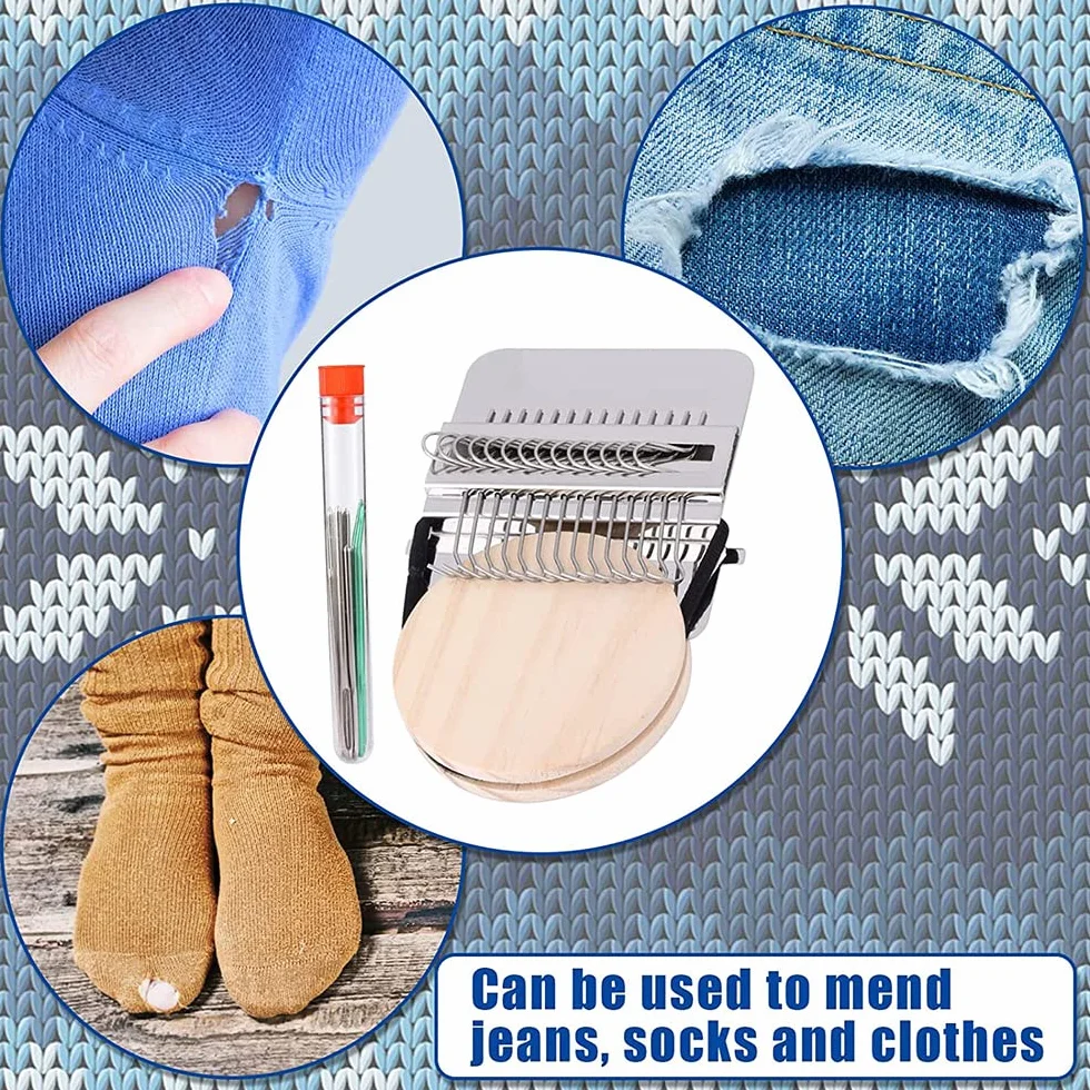 POFET Mini máquina de telar de madera, herramienta creativa de reparación de tejidos, para jeans, calcetines, ropa (14 ganchos)