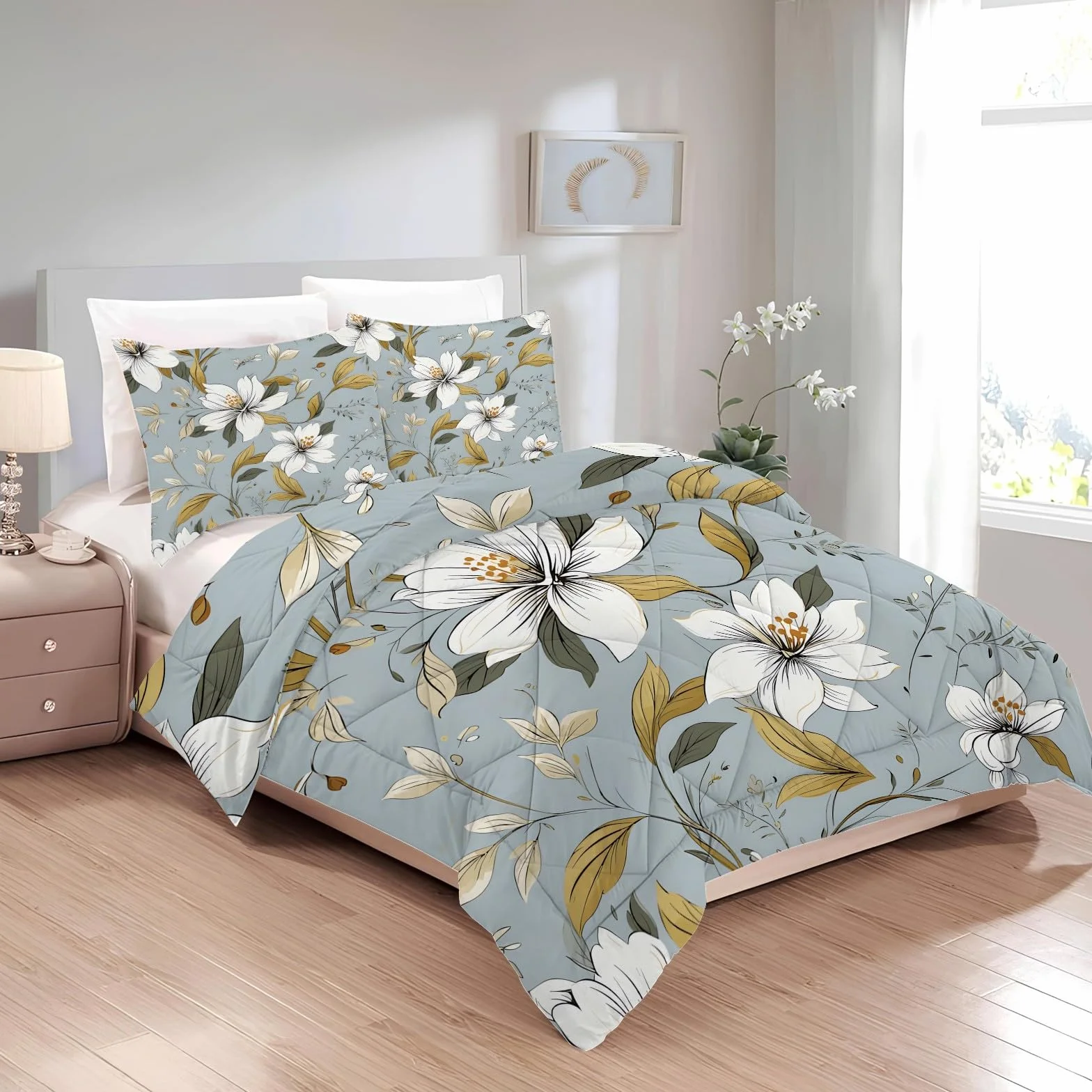 Edredon Cama 150 Flores, Relleno Nordico 220 x 240 4 Estaciones, Edredón Reversible Acuarela, Edredones Nordicos Estampados Floral con 2 Fundas de Almohadas 50x75 cm, Lavable G-515