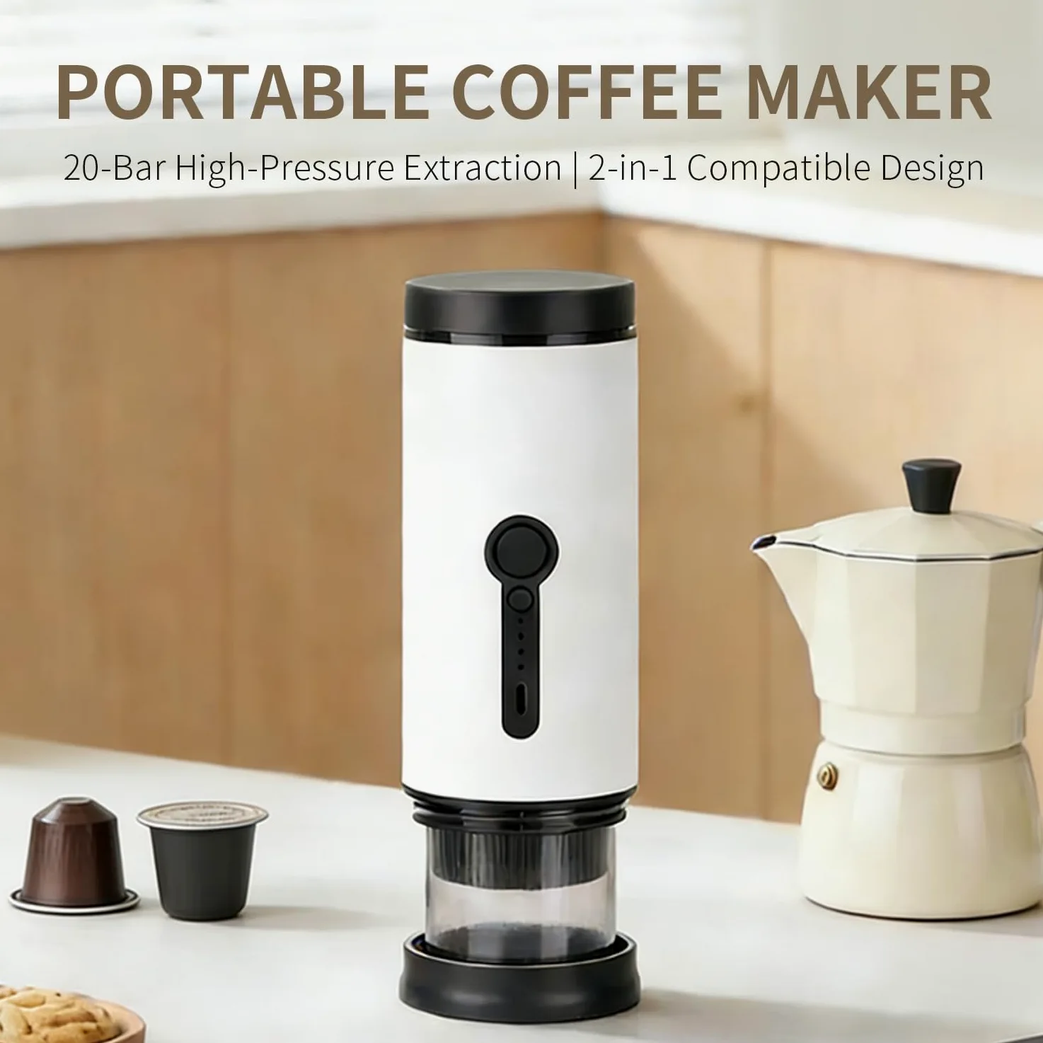 SANMAS Cafetera espresso portátil, cafetera de autocalentamiento recargable por USB-C, para viajes y camping, compatible con café molido y cápsulas, cafetera eléctrica compacta para coche, caravana