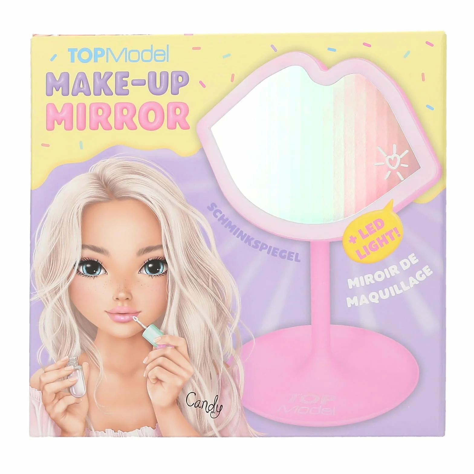 Depesche 14116 TOPModel Candy Glam - Espejo de Mesa con LED, Espejo con Forma de Labios y Borde Luminoso LED, Espejo de Maquillaje con iluminación en Color Rosa