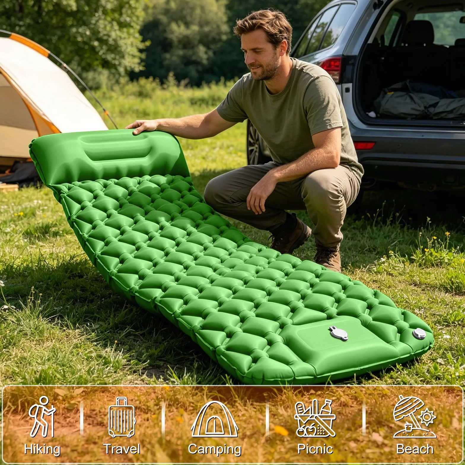 Colchoneta de Camping Autoinflable Ultraligera Impermeable con Bomba de Pie y Almohada